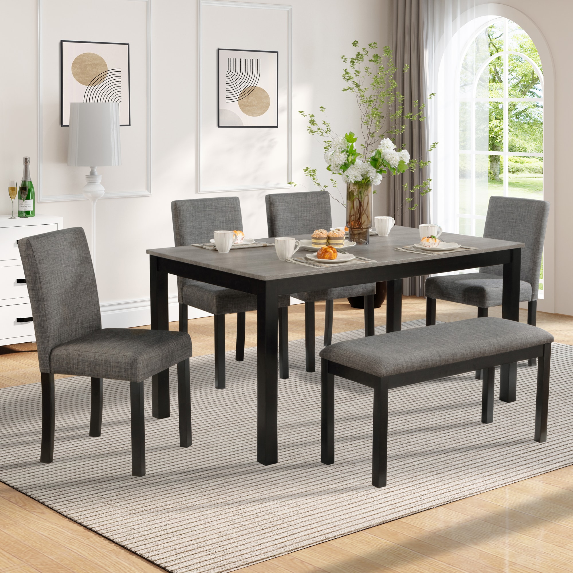 LOVMOR 6-Piece Dining Table Set with Bench and Chairs Dining Table Set for 6 with Bench Light Gray and Black