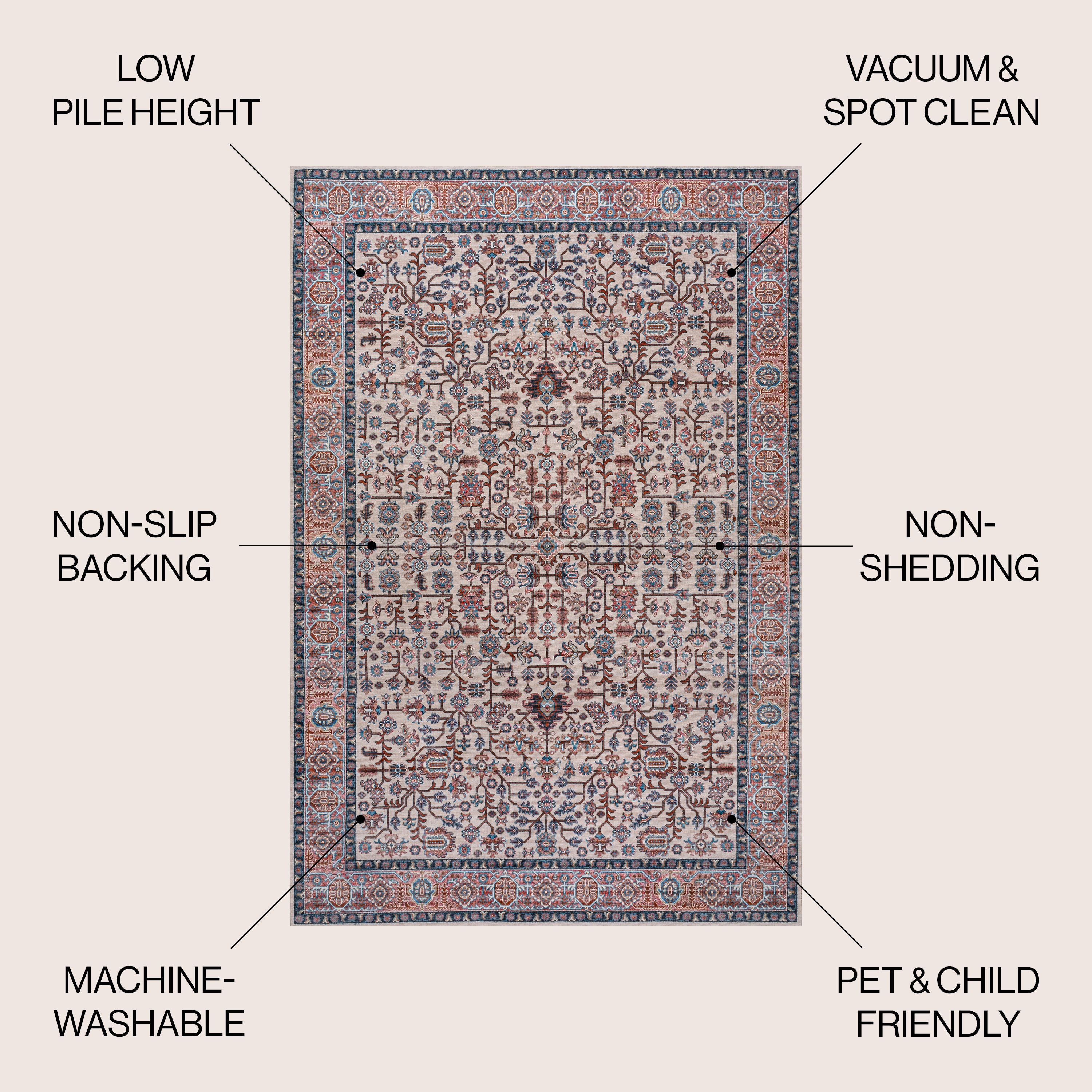 Kemer Persian Washable Chenille Beige/Red/Blue 3 ft. x 5 ft. Area Rug