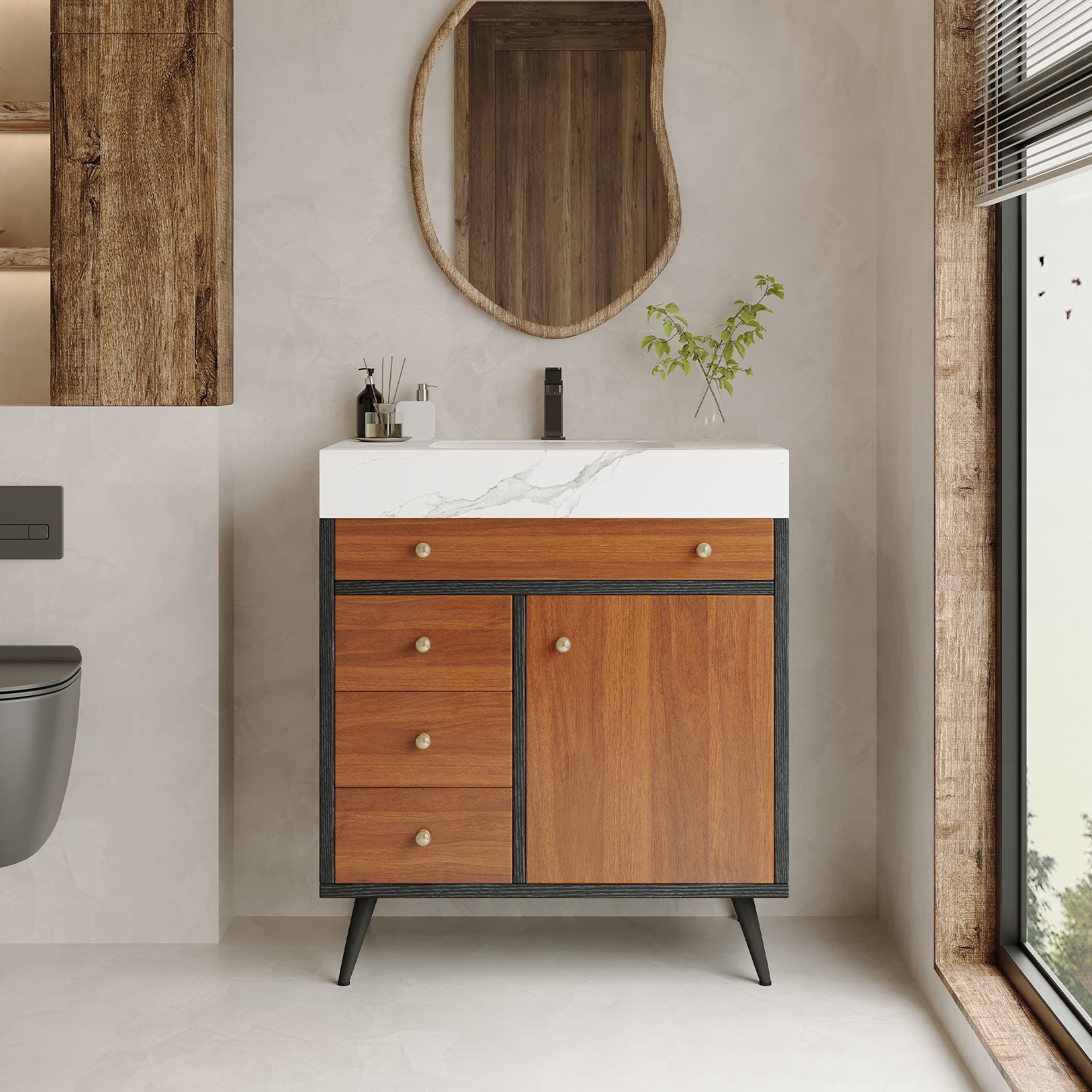 GDFStudio Arlo 30 in. Modern Freestanding Sintered Stone Bathroom Vanity with Storage Cabinet - Black+Brown+Gold+White