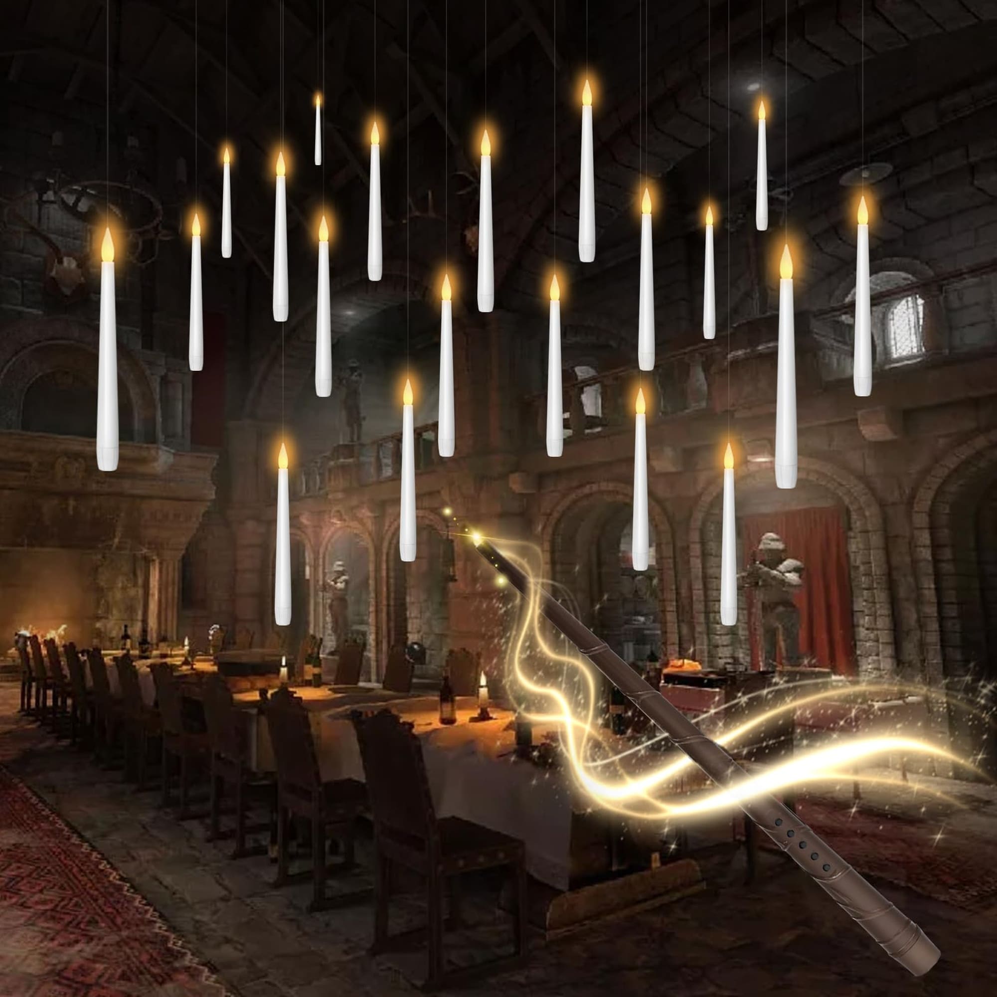 OGETFUUR 20 Pc White Flameless Floating Taper Candles with Wand for Halloween Wedding Decor featuring Battery Operated Design and Realistic Flickering Flame