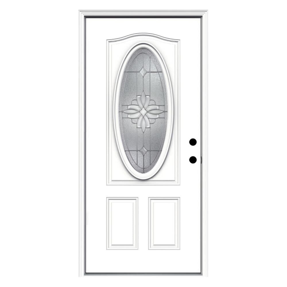 JELD-WEN LOWOLSFG36LOPLLH Laurel 36-in x 80-in x 4-9/16-in Fiberglass Oval Lite Left-Hand Inswing Primed Prehung Front Door with Brickmould Insulating Core