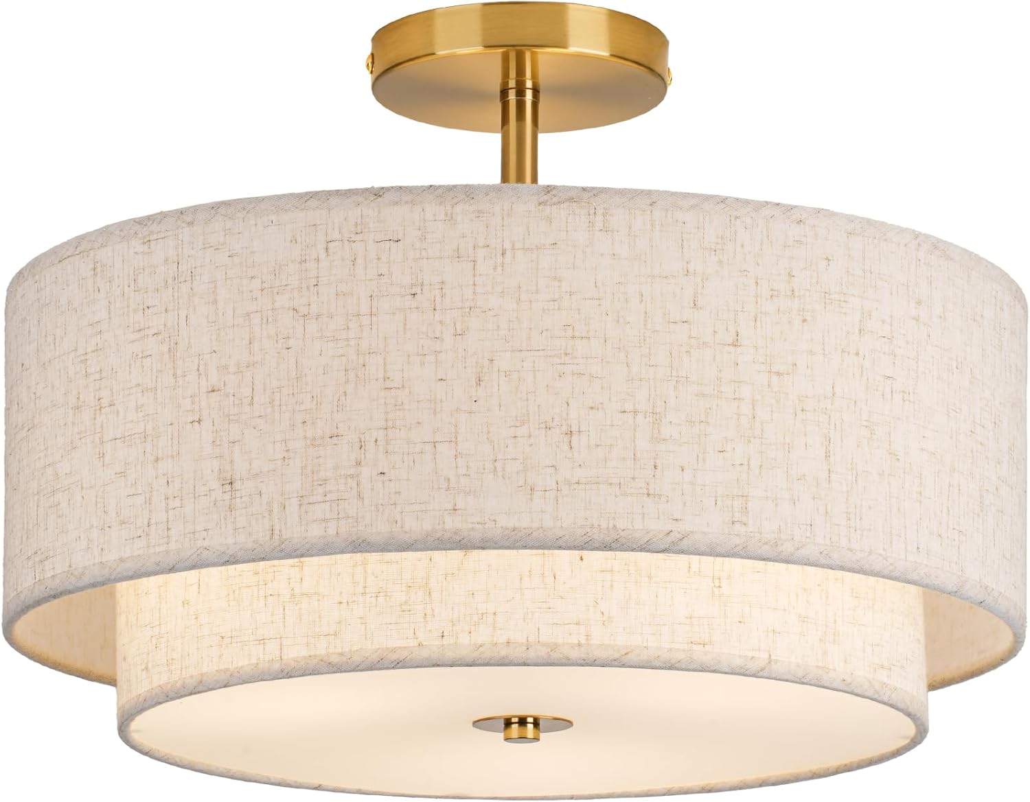 Slagawa  Gold 3-Light Semi Flush Mount Ceiling Light with Fabric Linen Shade 16 Inch Round Drum Design