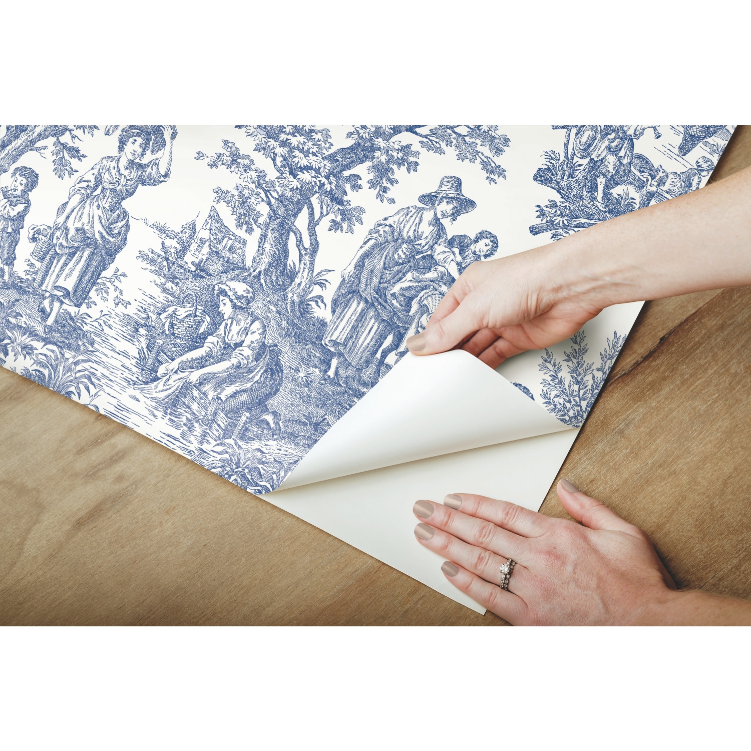 Blue and White Vinyl Peel & Stick Toile Wallpaper Roll