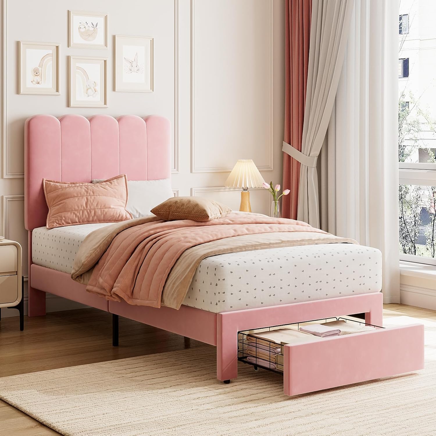 Qeetex LHF-BED-PHO-33LXGGAY Twin Bed Frame with Storage Drawer and Headboard Velvet Upholstered Twin Platform Bed Frame for Girls Strong Wooden Slats Support Noise-Free Easy Assembly Pink