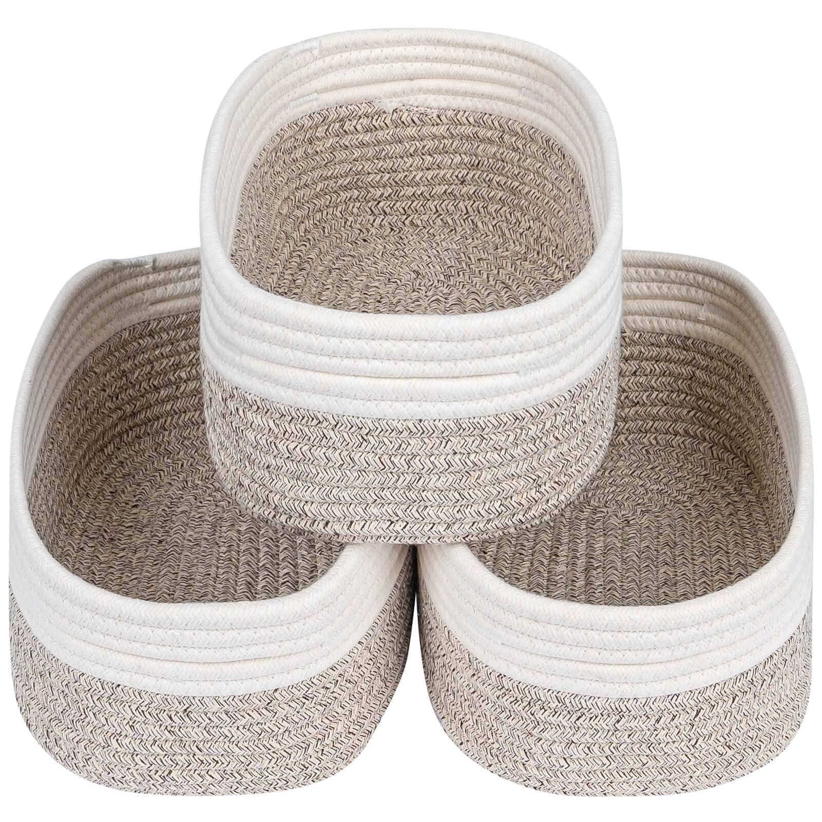 KIWDZFU  Woven Rope Storage Baskets Set of 3 Off White and Light Brown Closet Shelf Organizer Bins for Toys Clothes Nursery Room Decor Soft Cotton