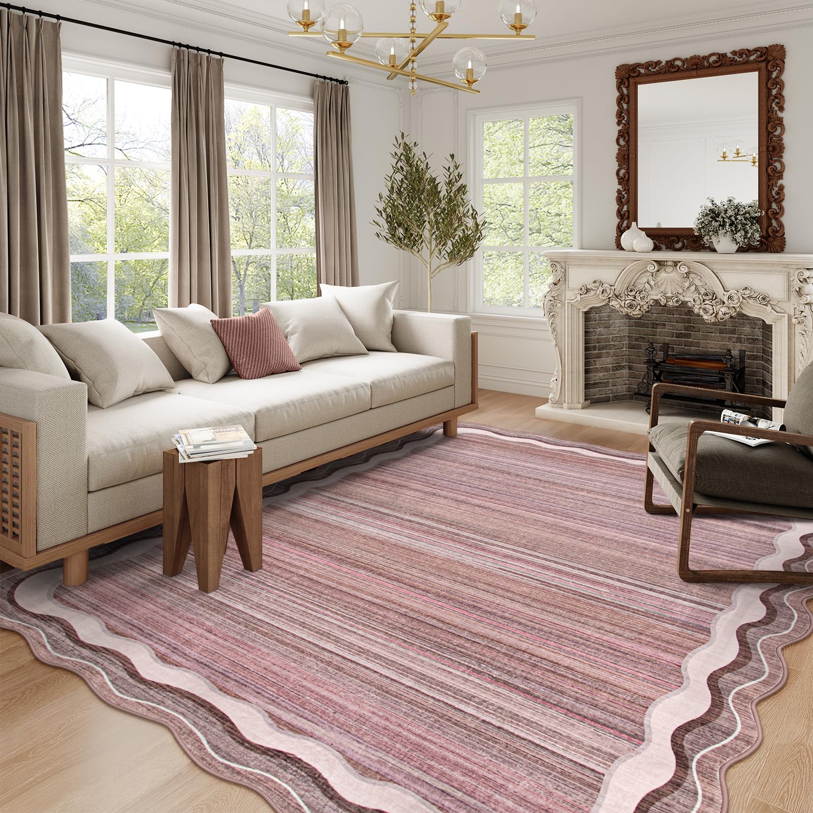 Lahome AR-DYR-227-P1 5 x 7 (ft) Pink Tribal Wave Border Short Pile Velvet Rectangular Indoor Area Rug