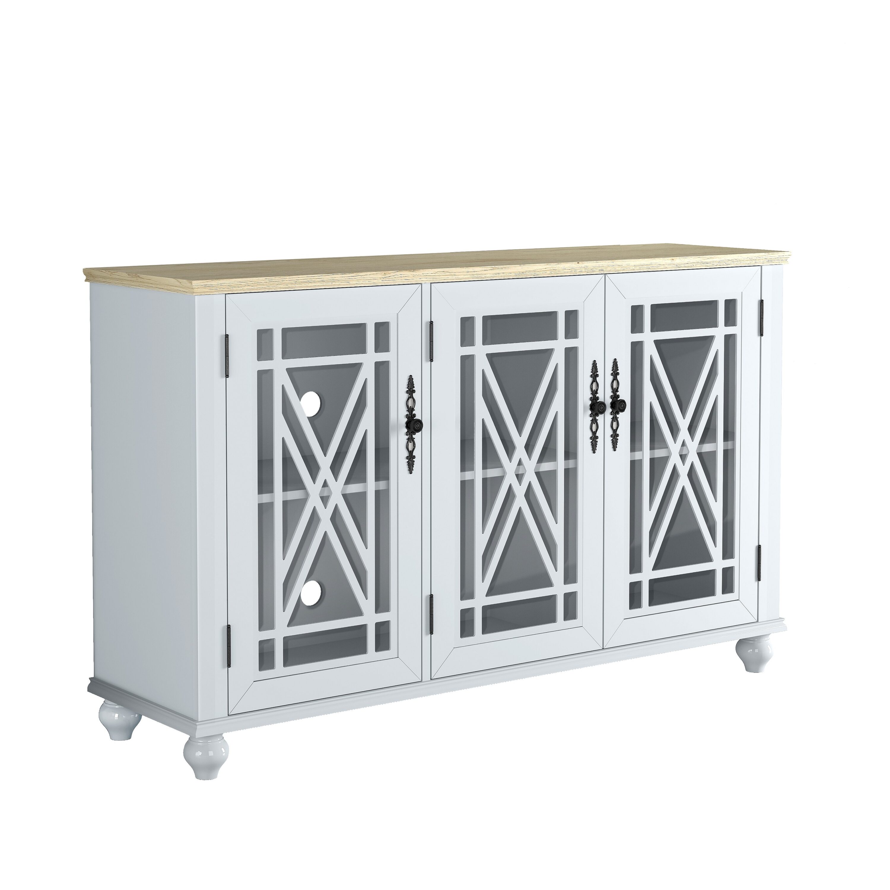 Isometric view of a white three-door cabinet with glass-pane doors and wooden top