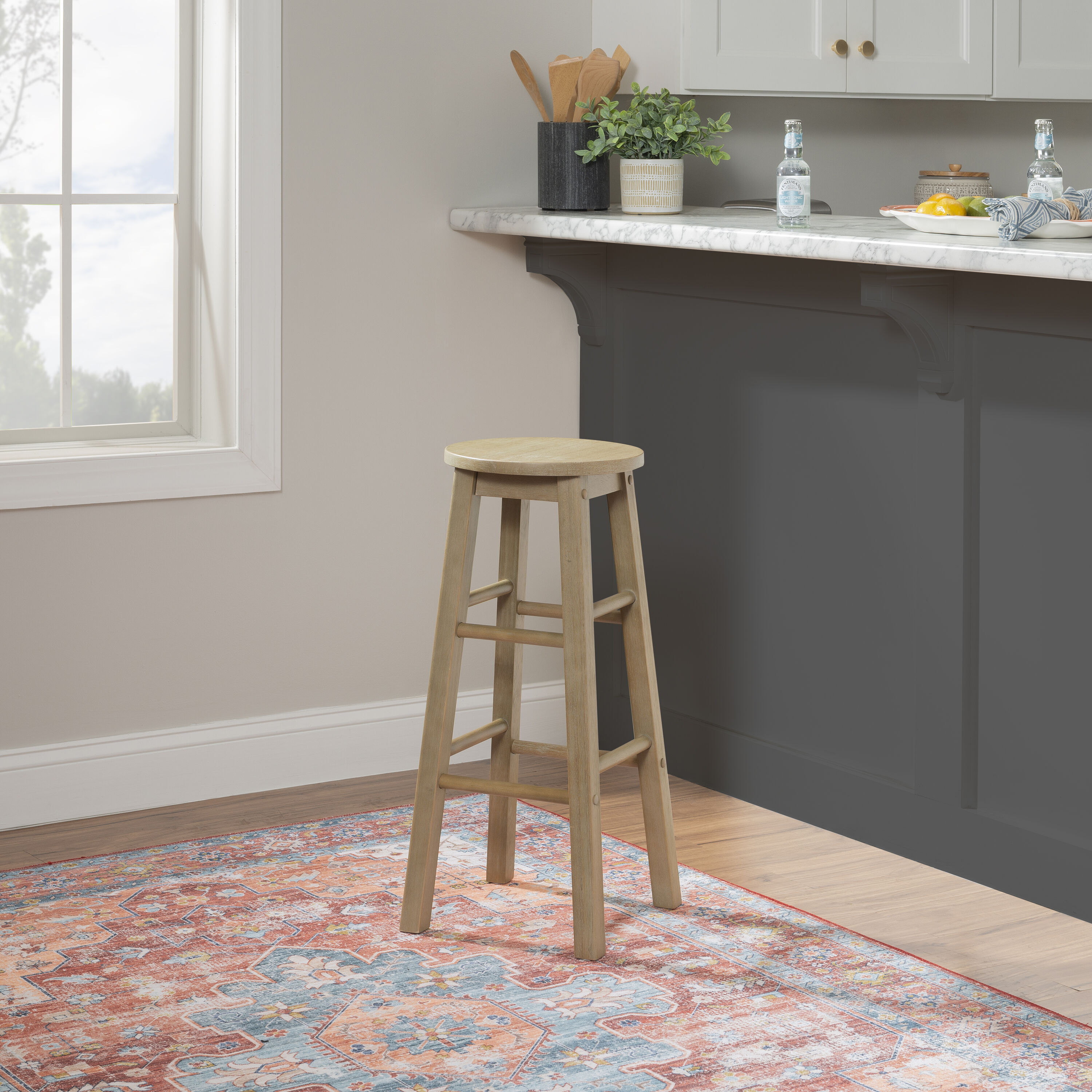 Linon LOWES1867 Greywash 29.0-Inches H Bar height Round seat Wood Bar Stool