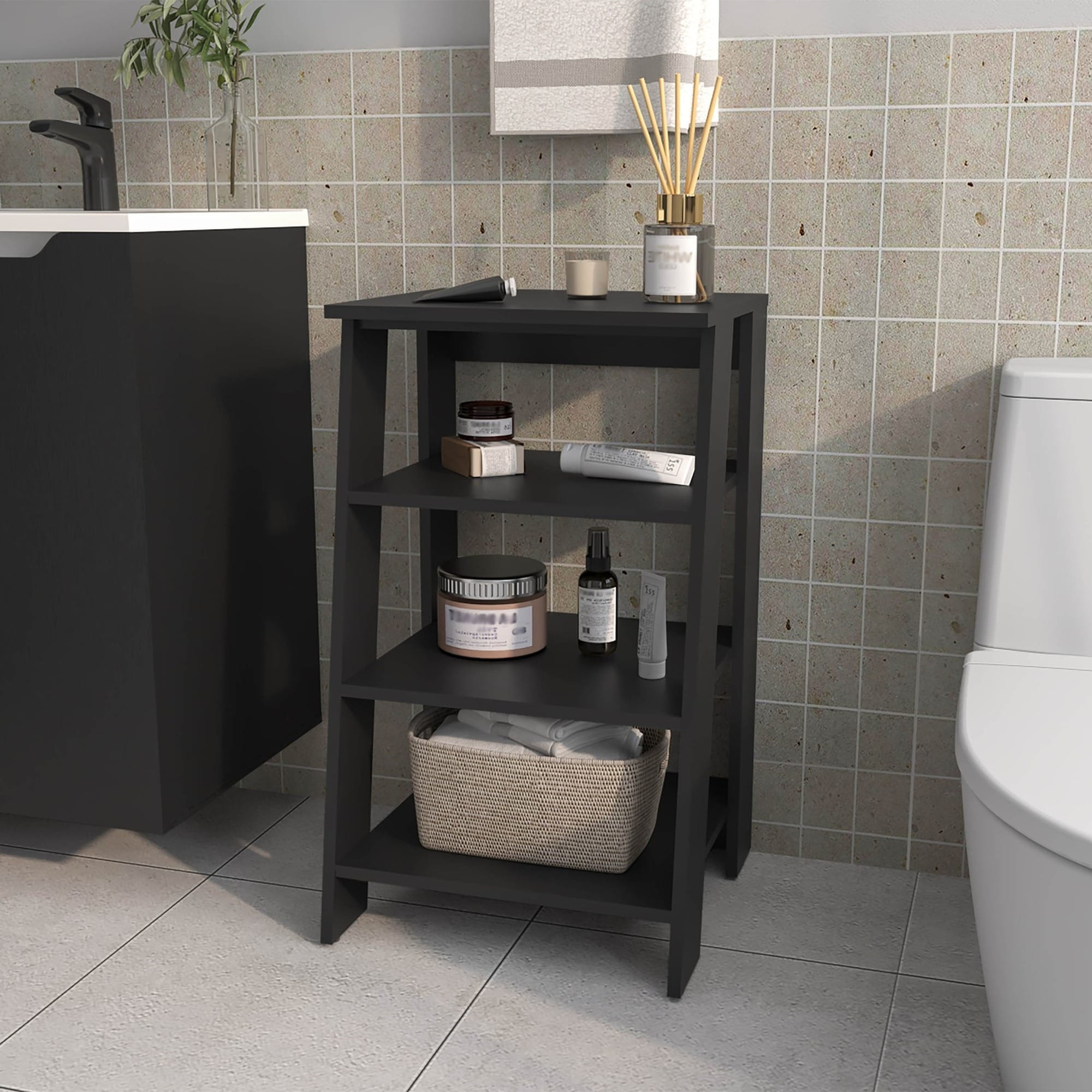 IAK 17 inch W x 17 inch D x 30 inch H Black Melamine Freestanding Bathroom Shelf with Open Storage