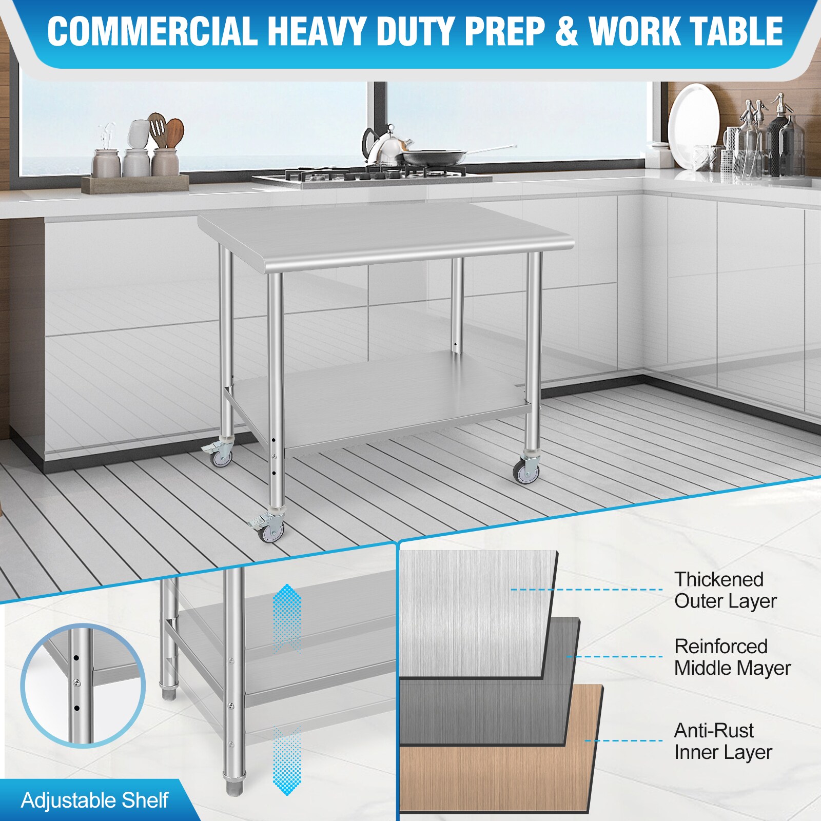 IdealHouse 36x24 Inch - Double Layer Stainless Steel Work Table on ...