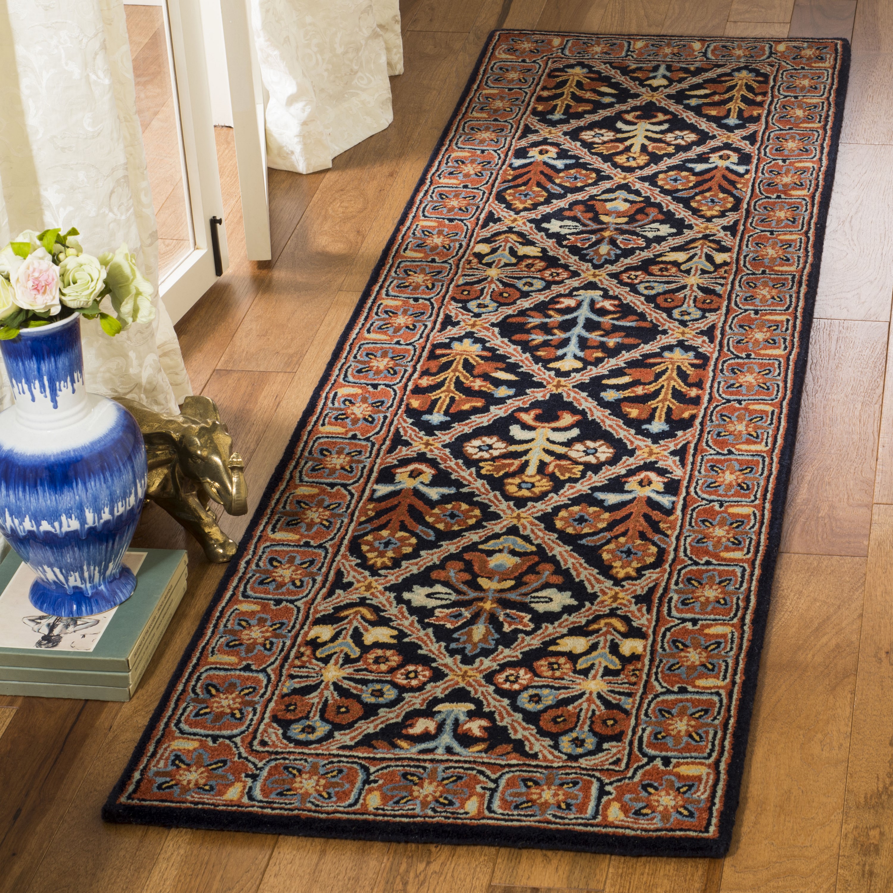 Safavieh HG738N-28 Heritage Latur 2 x 8 (ft) Tufted Wool Navy/Red Rectangular Indoor Floral/Botanical Oriental Runner rug
