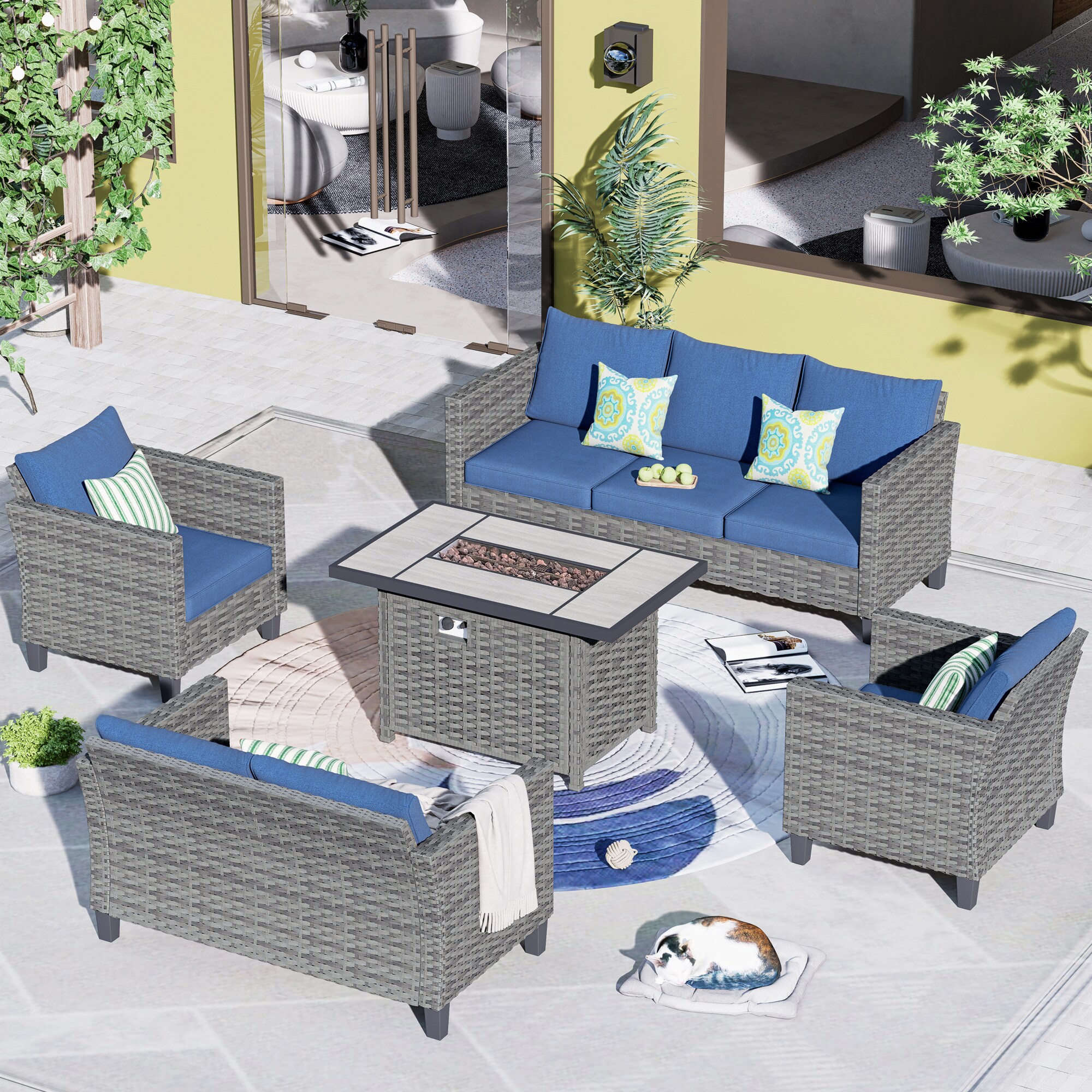 Pouuin SRFPYZGRS306 6 -Piece Wicker Patio Sofa Conversation Set with Blue Cushions