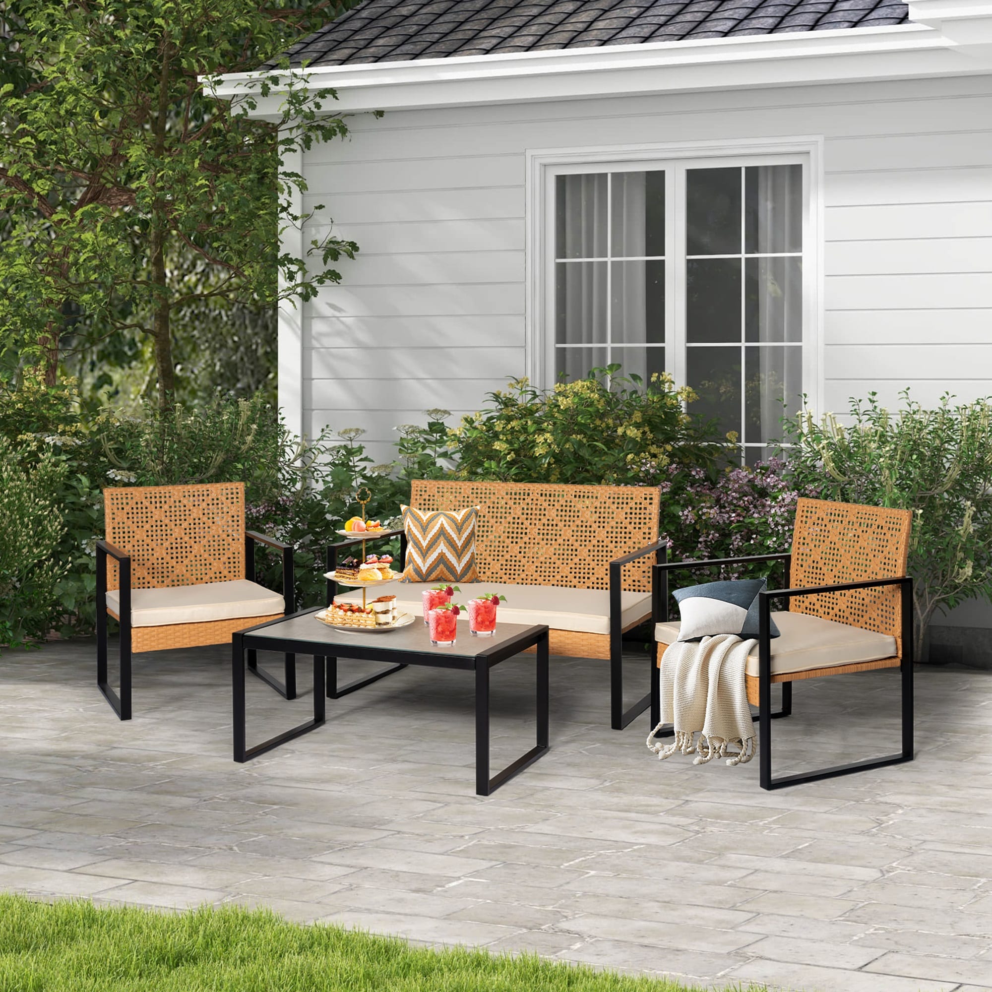 Grearden ZHNF140-BG 3 -Piece Wicker Patio Conversation Set with Off-white Cushions