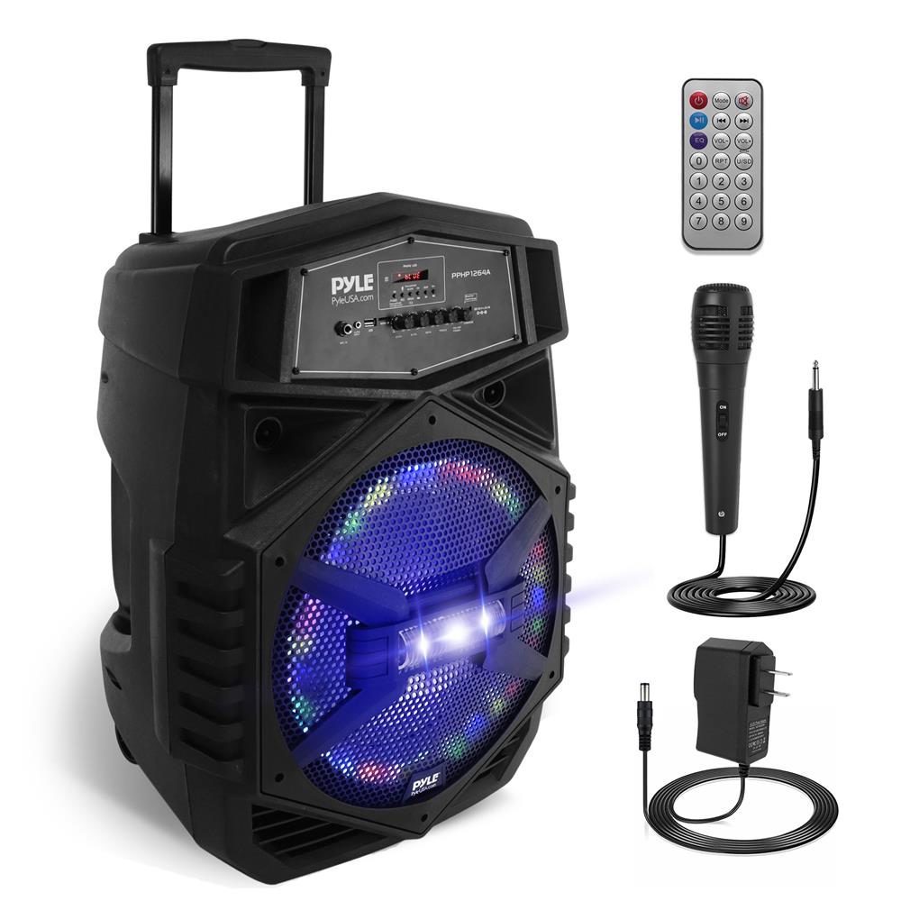 Pyle  12 Portable Bluetooth Speaker System  1000W Karaoke Speaker w LED Lights USBMicro SDFMBTAuxRemote ControlMic  Guitar Inputs Builtin Rechargeable Battery w Wheels  Handle Bar