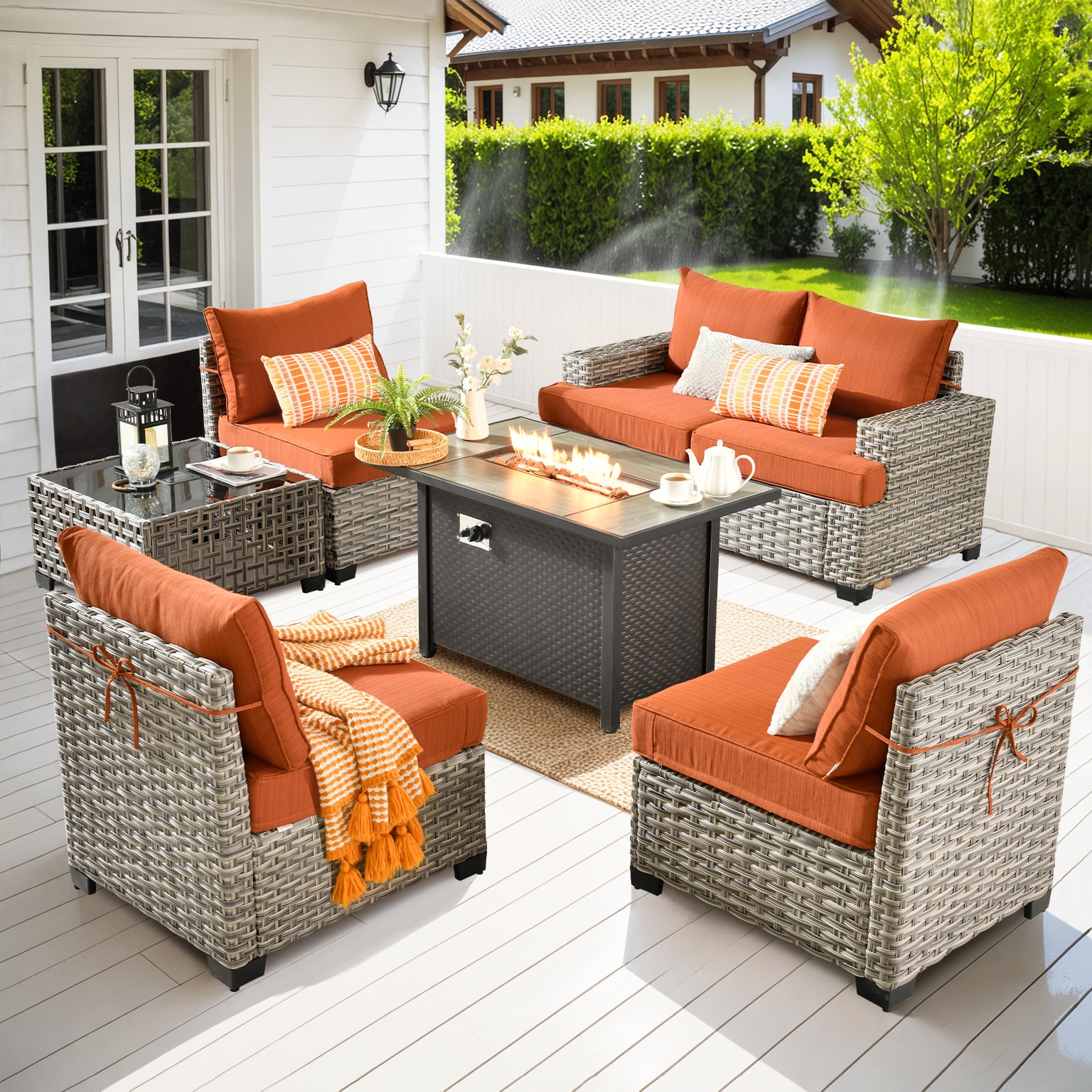 Pouuin SDFPTBS806 Wicker Outdoor Sectional with Orange Cushions and Wicker Frame