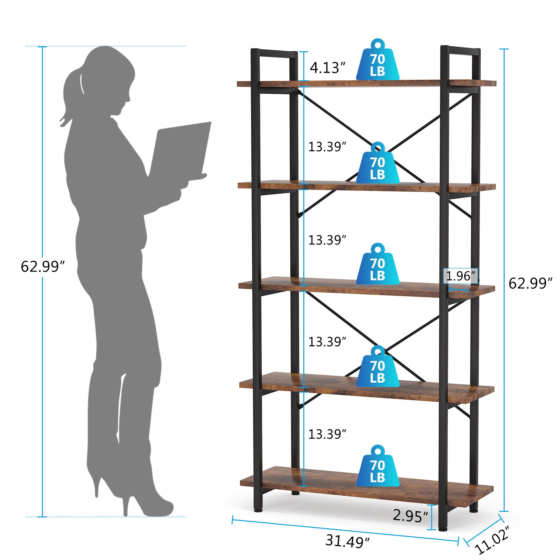 allen + roth Brown Metal 3-Shelf Bookcase (28-in W x 35.5-in H x 17.5-in D)