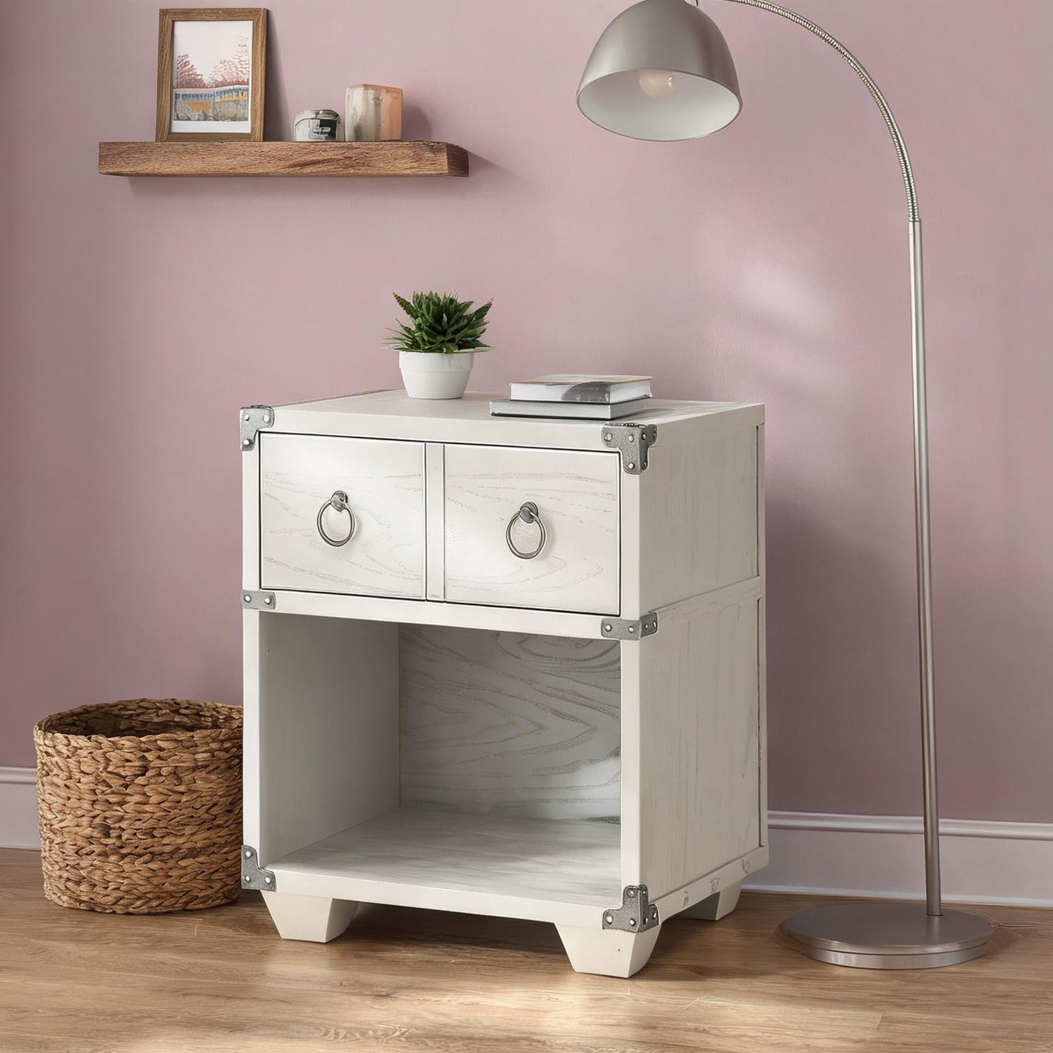 Modern Rectangular Nightstand with USB Charging and Storage Drawer in Soft Gray Wood