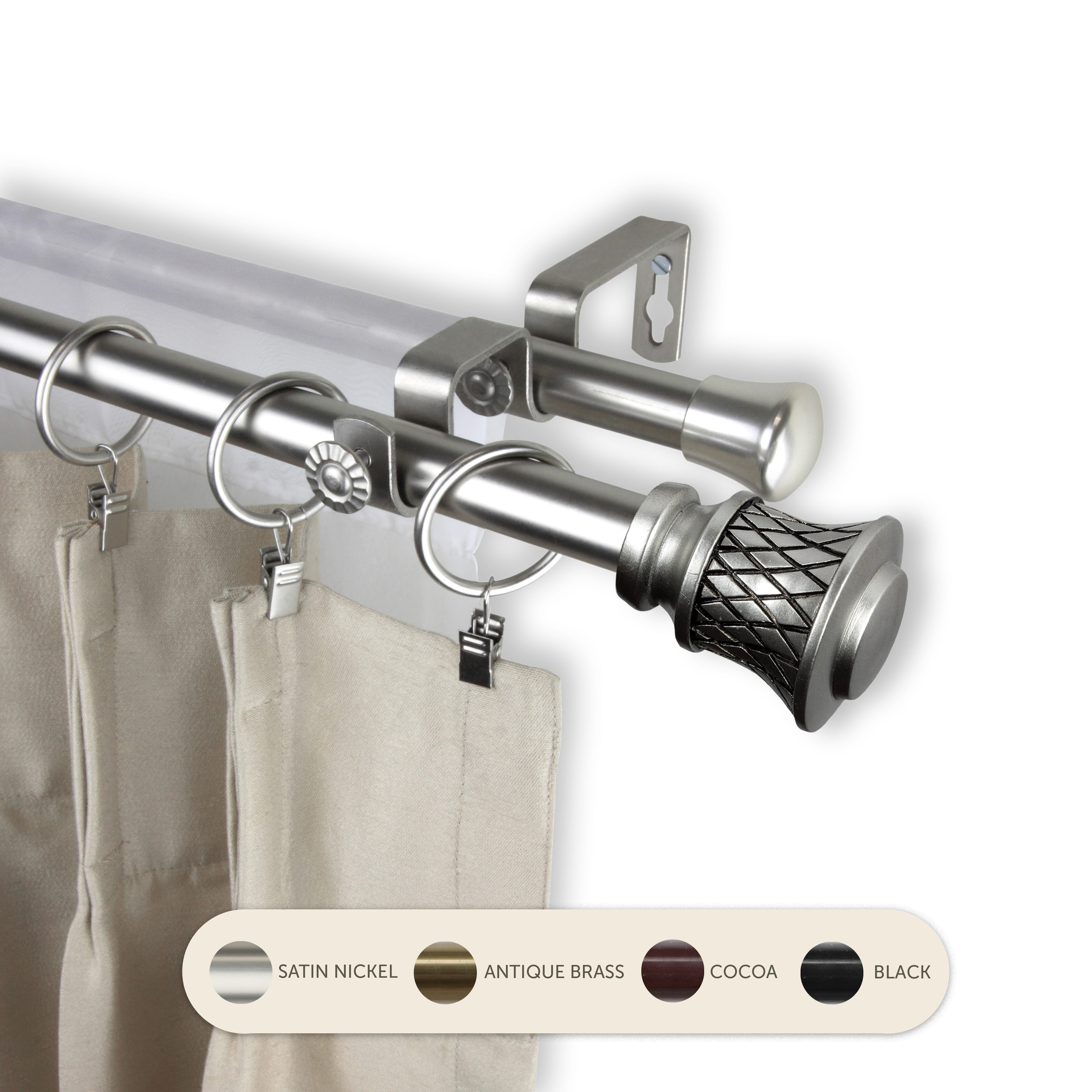 Hart & Harlow L-4777-665 Leonor 13/16-in 66-in to 120-in Satin nickel Steel Double curtain rod with Finials