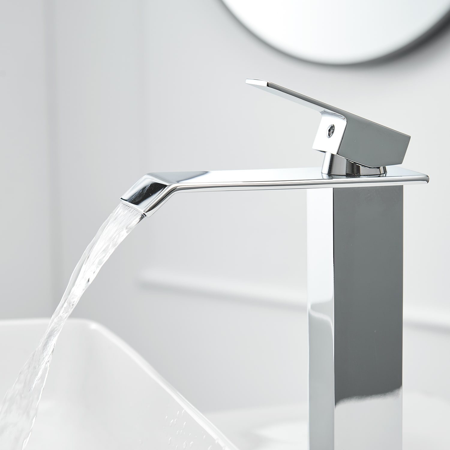 Polished Chrome Waterfall Vessel Sink Faucet with Pop-Up Drain