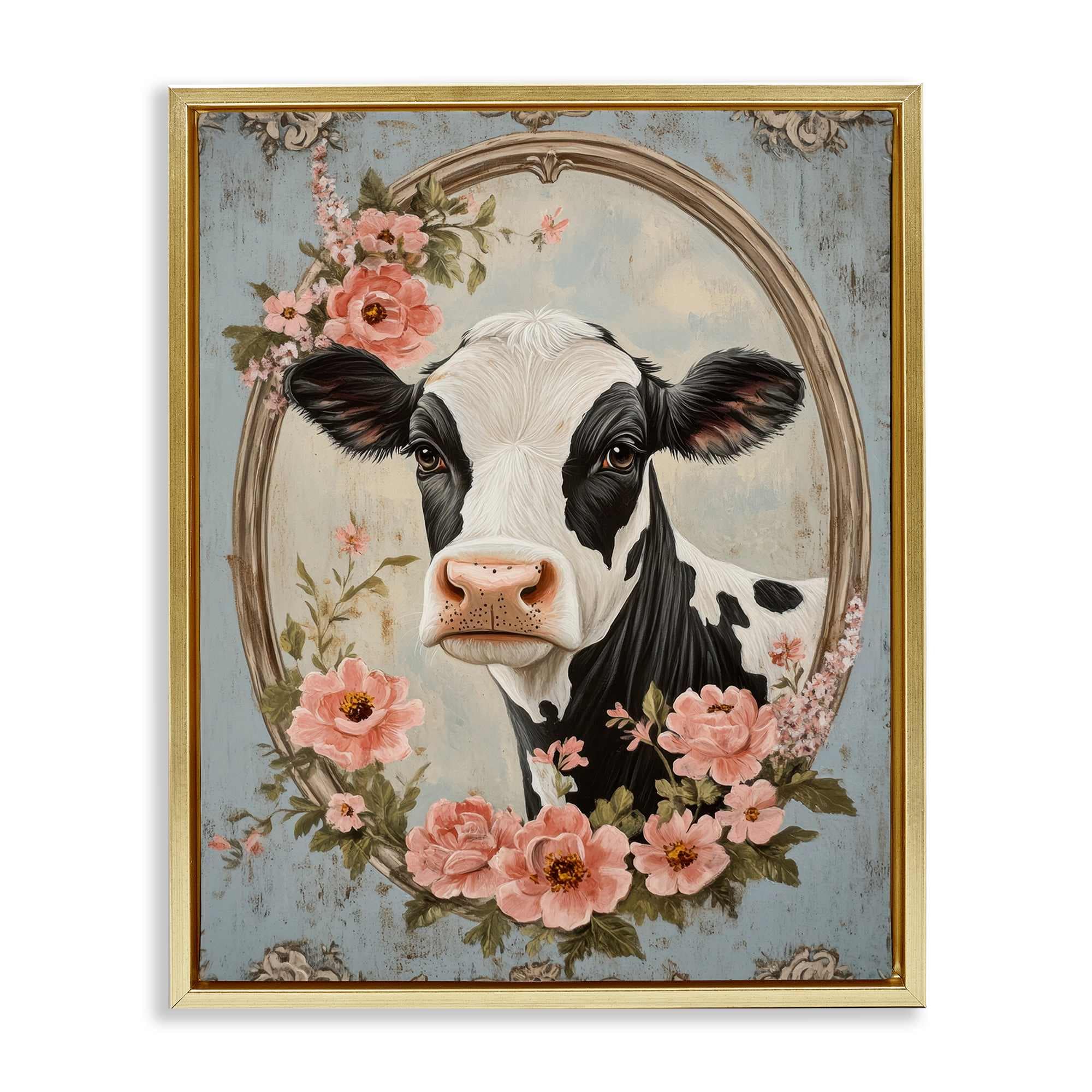 Stupell Industries BW-465-FFG-16X20 Peachy Peonies Cow Portrait Gold Floating Frame Canvas Art 17 x 21