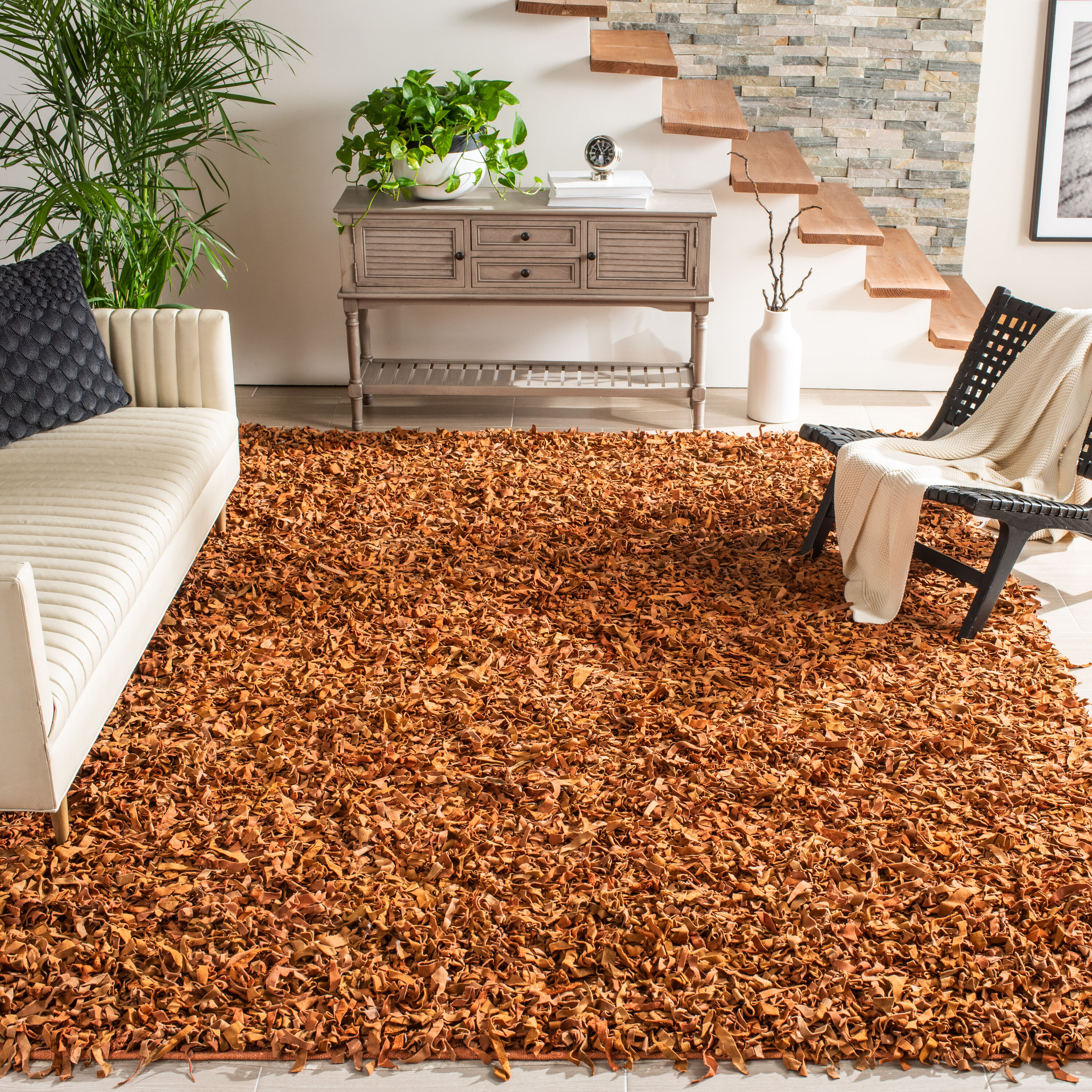 Safavieh Leather Shag 8 x 10 (ft) Knotted Cotton Orange Rectangular Indoor Solid Spot Clean Only Area rug