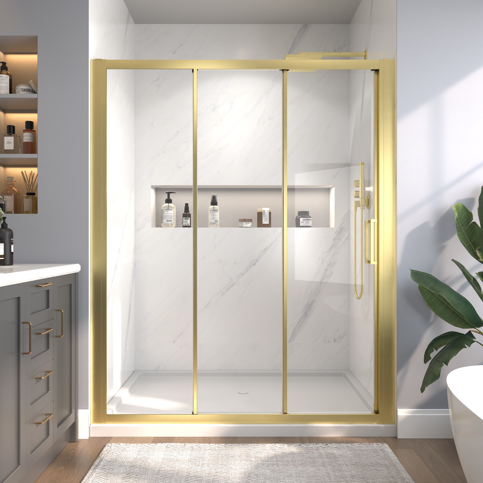 AAZJ BG-BL-6036-M AHS Sliding Tri-Fold Shower Door Brushed Gold 56-in to 60-in W x 70-in H Framed Clear Glass Sliding Shower door