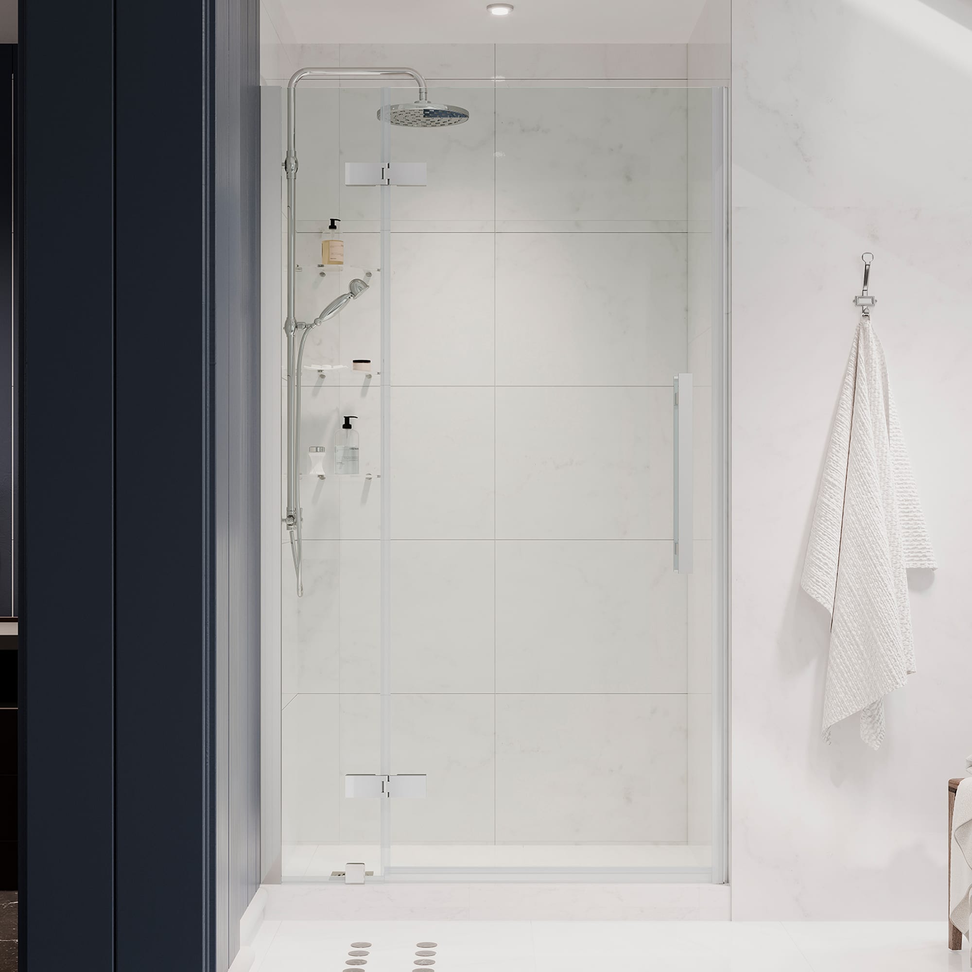 OVE Decors 828796063951 Tampa Polished chrome 41-7/8-in to 43-11/16-in W x 72-Inches H Frameless Pivot Shower door 5/16-in Thick Clear Glass