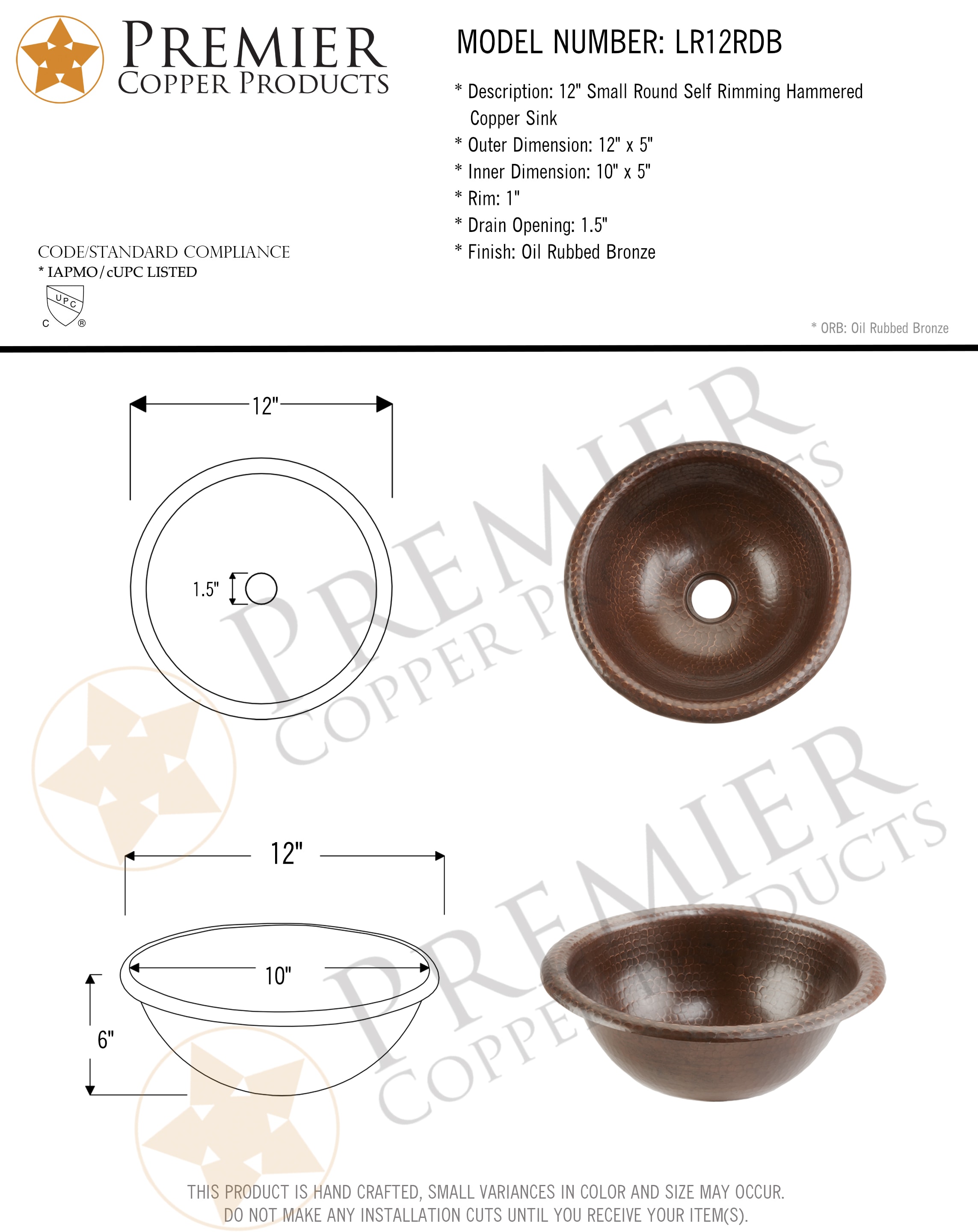 PREMIER COPPER PRODUCTS LR12RDB Bath-Sink - View #6