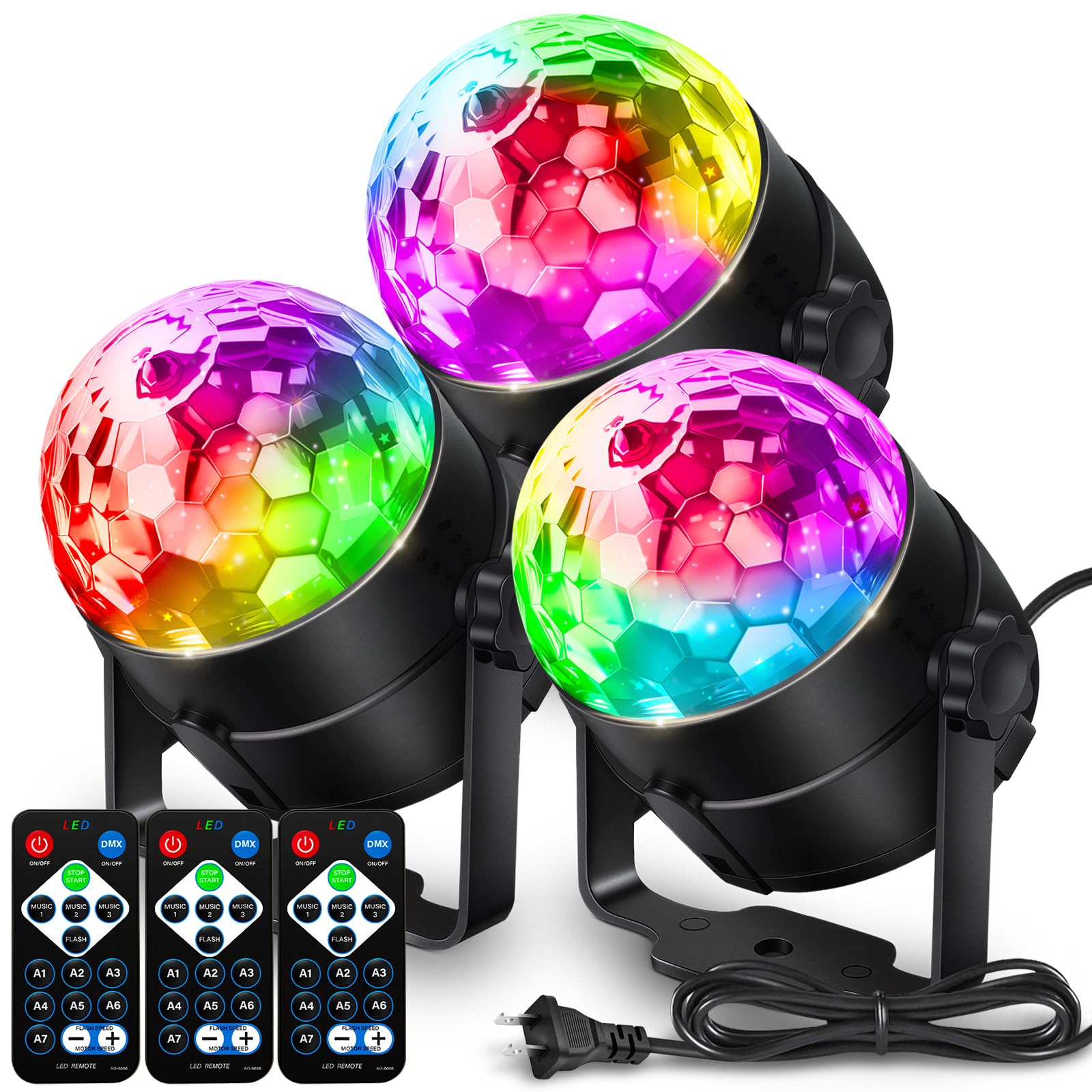 Vrbgify  3 Pack Sound Activated Disco Ball Party Lights with Remote Control 7 Lighting Modes Strobe and Rotation for Home Dance Karaoke Stage Events