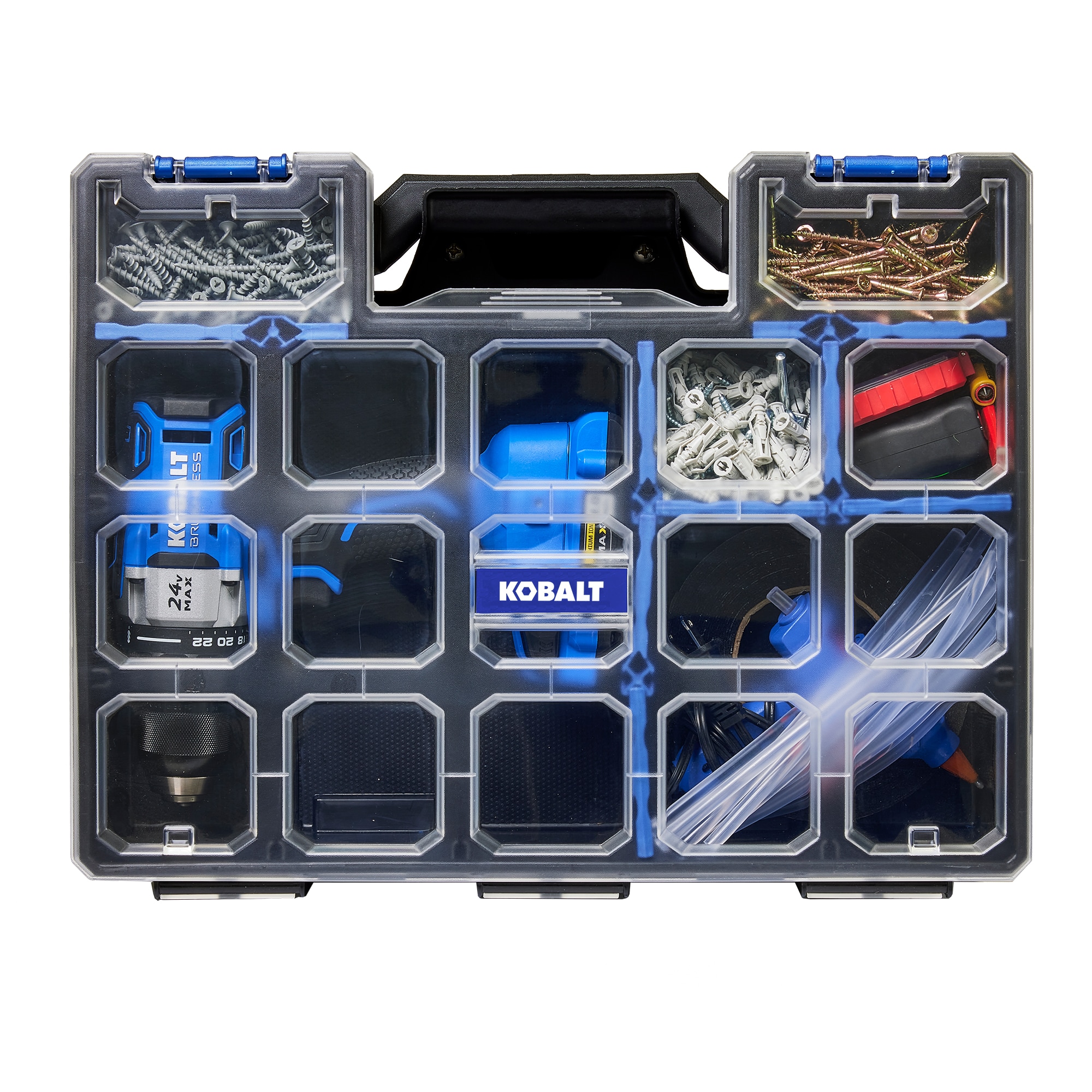 17 Heavy Duty Interlocking Organizer with Clear Lid for Storage and Tool  Organization - with 12 Removable Caps, Secured Metal Latches for Locking