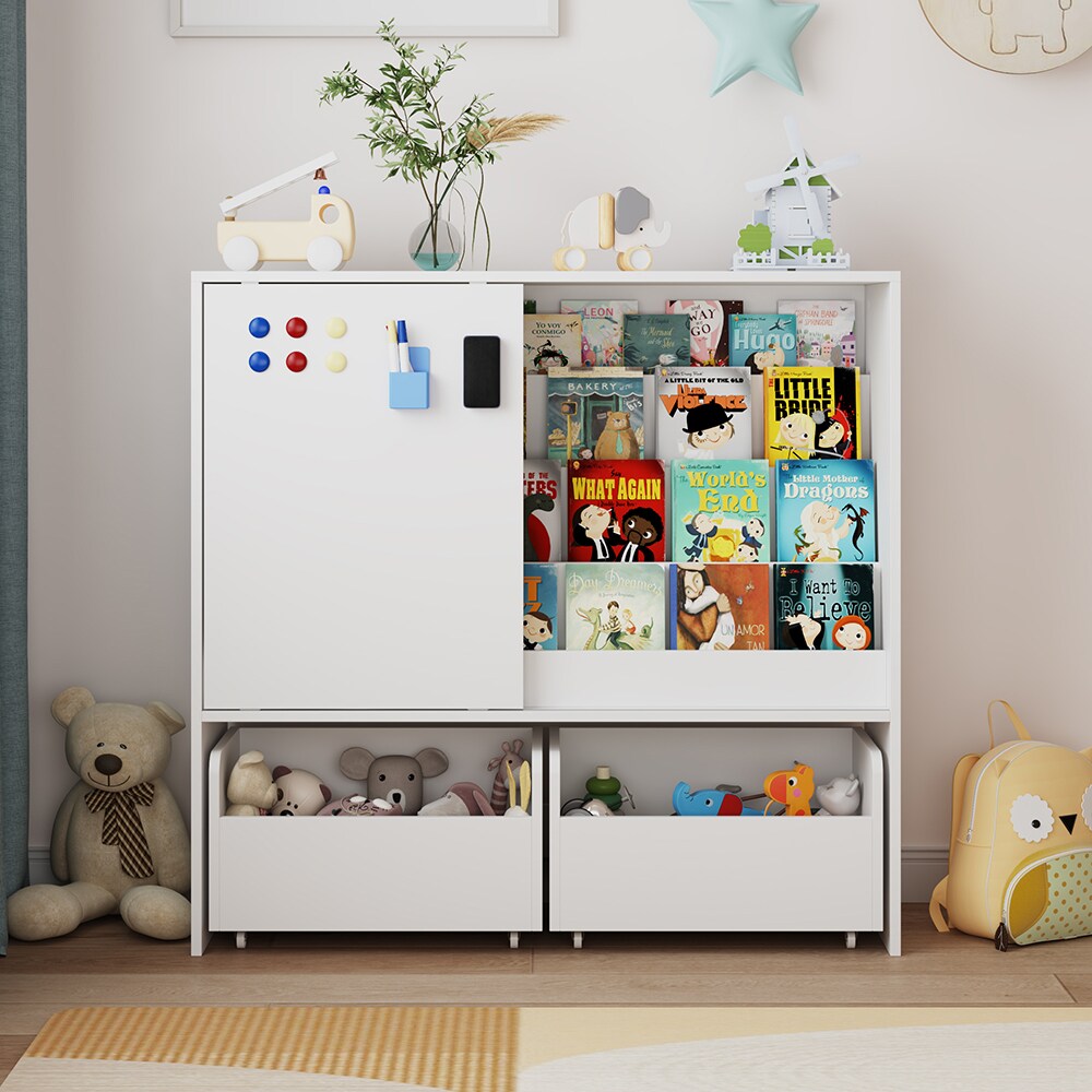 Homsee  Multi Function Wooden bookshelf with Magnetic Whiteboard Sliding Door Adjustable Storage Boxes and Aluminum Alloy Tracks 39.4''W x 11.8''D x 38''H White