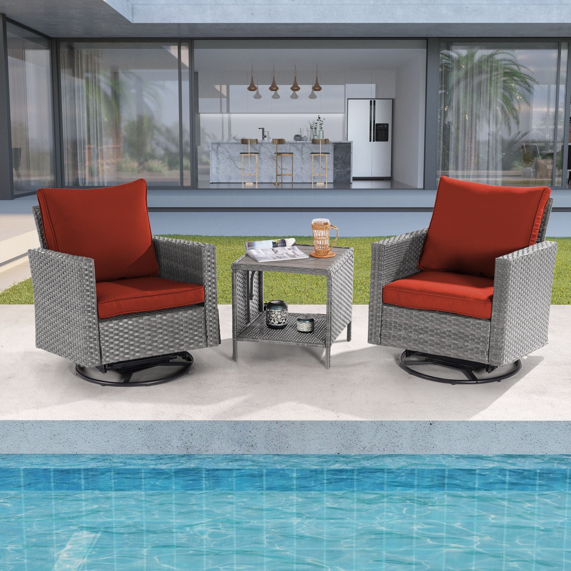 ACEGOSES LW-2R-HOG-T3 Patio Swivel rocker chairs 3 -Piece Wicker Patio Conversation Set with Orange Cushions