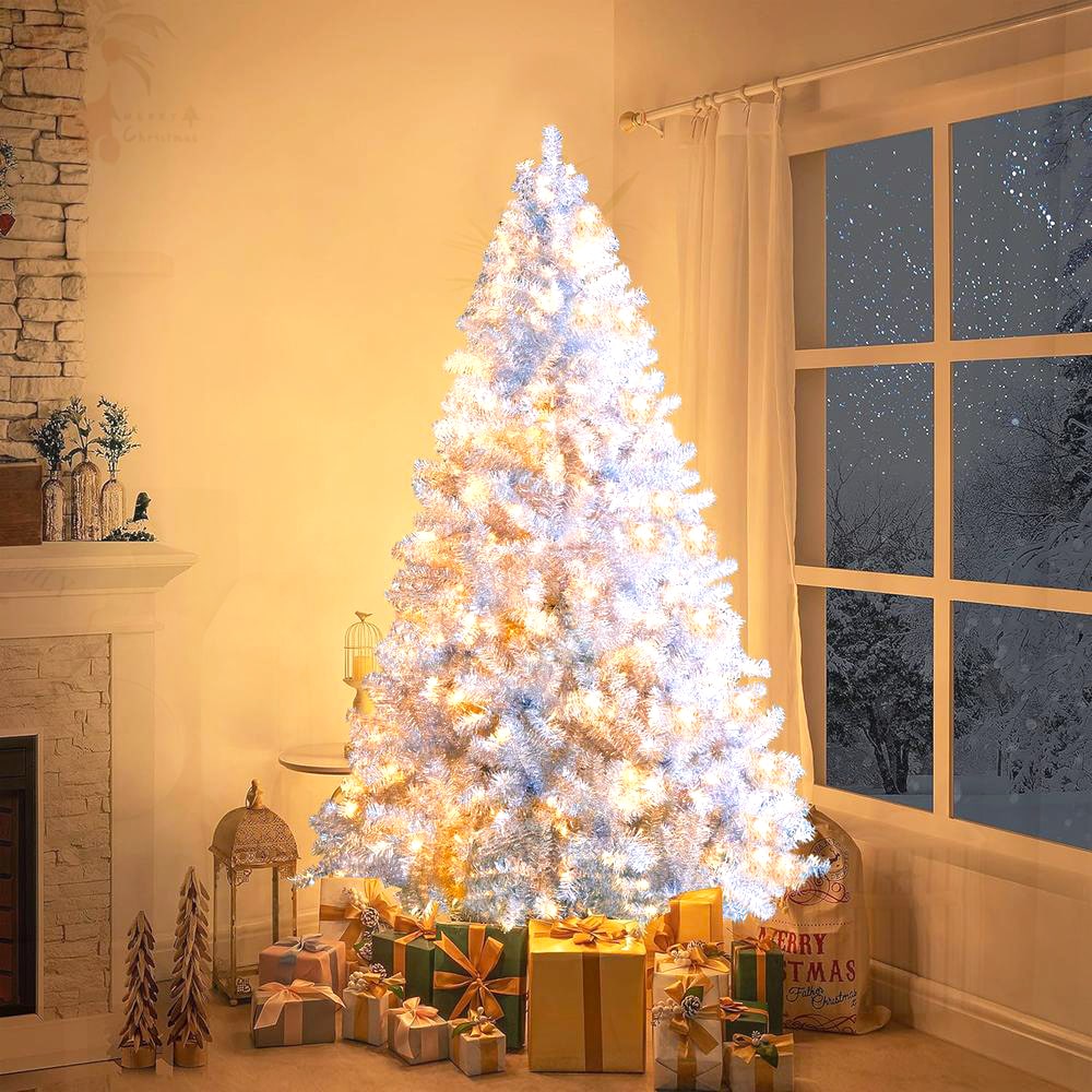 SunJet 6FT Silver Pre Lit Artificial Christmas Tree with 800 Branch Tips 300 LED Lights and 11 Lighting Modes Hinged Full Tree with Metal Stand for Indoor and Outdoor Holiday Decor