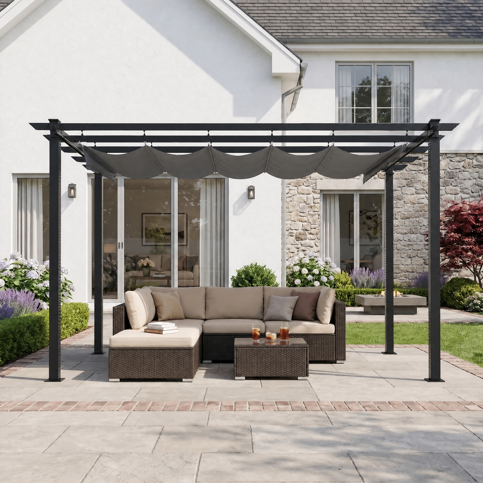 Wooakway 10 x 10 ft Gray Freestanding Wood Grain Aluminum Retractable Sliding Pergola Waterproof UV Polyester Top Windproof 220 lbs Snow Rain Load Patio Backyard Canopy