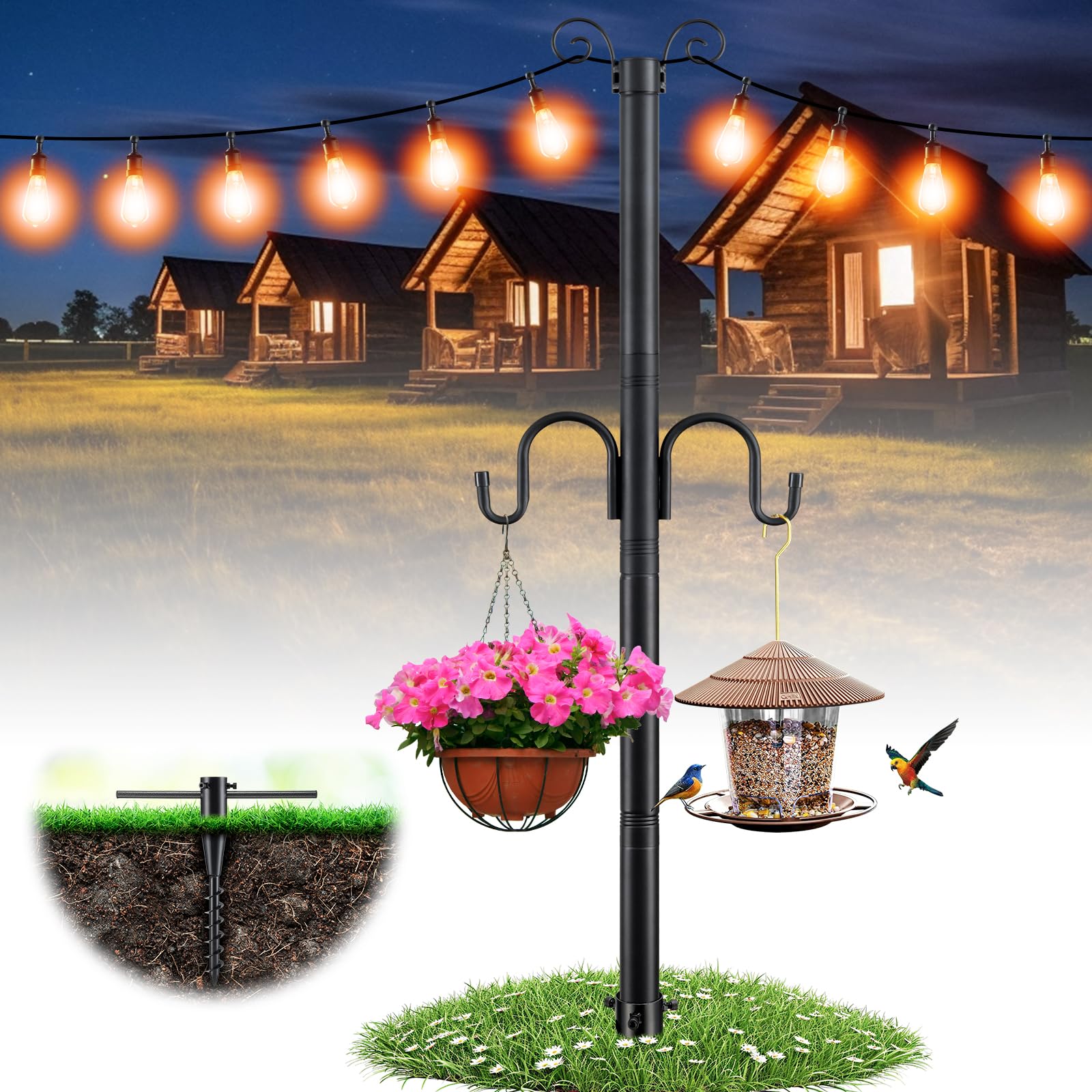 KIWDZFU  10FT String Light Poles 1.5 Inch Heavy Duty Outdoor Light Pole with Shepherd Hook and Spiral Anchor for Garden Backyard Patio Bistro Cafe