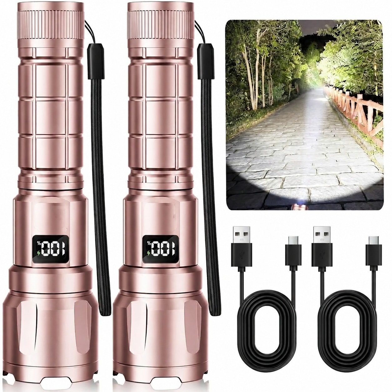 Justincity LED Rechargeable Flashlight 2 Pack 6000 Lumens 3 Modes Zoomable High Output Tactical Flashlight LCD Display IP65 Waterproof 1.57 x 1.57 x 5.9 Inch Pink for Home Emergency Camping #LJT0502L22