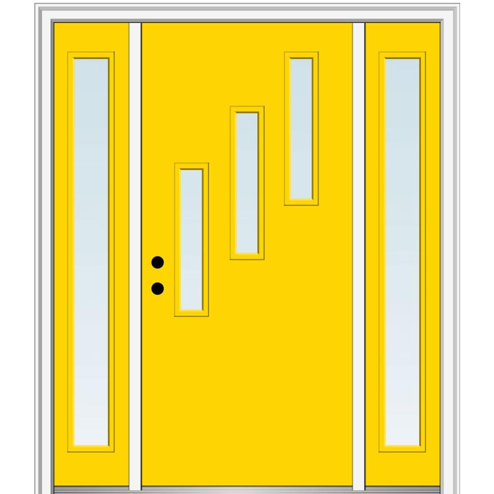 MMI DOOR ZZ346591R Spotlights 64-in x 80-in x 4-9/16-in Fiberglass Pulse lite Right-hand inswing Yellow Flash Painted Prehung Front Door with Sidelights with Brickmould Insulating core