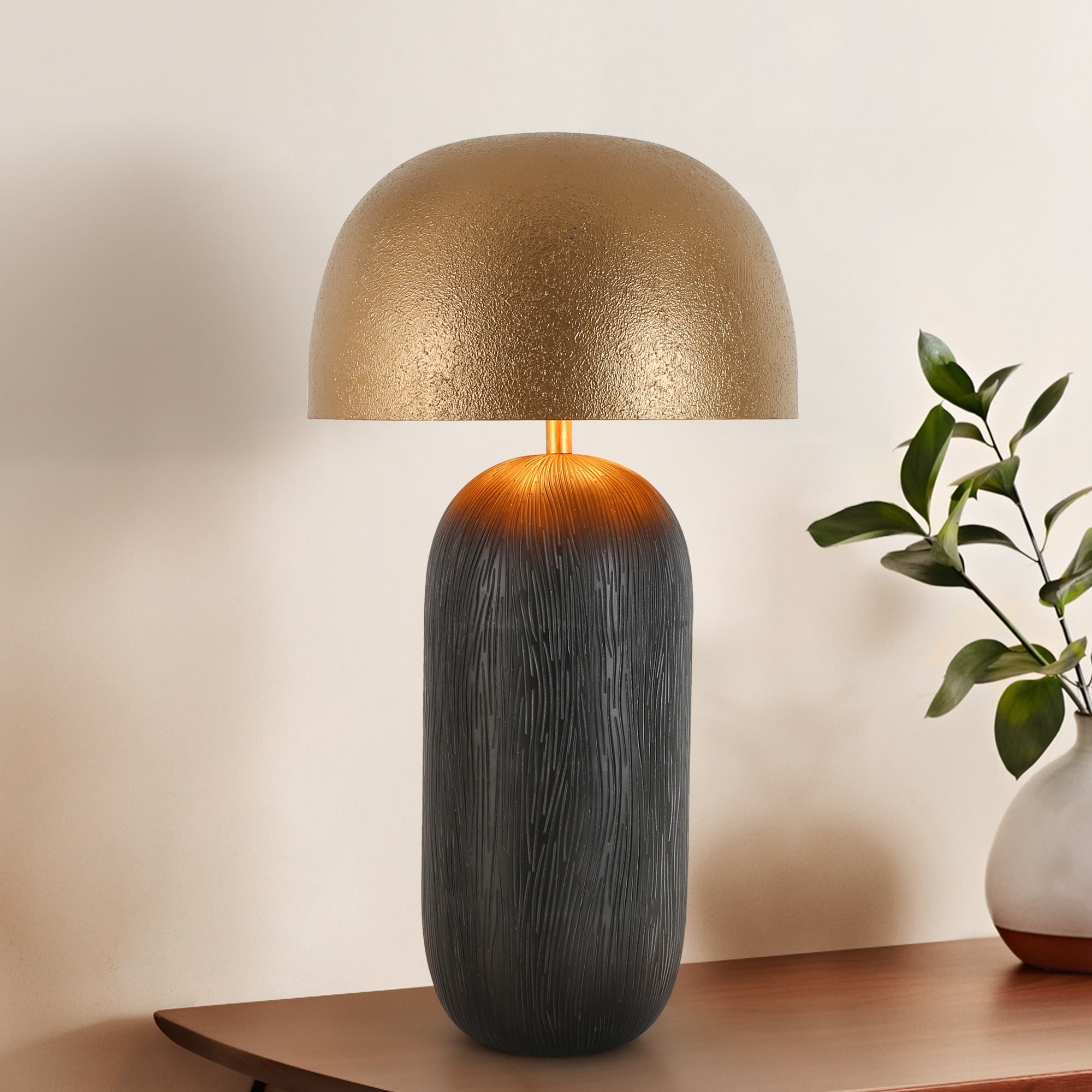 LNC HA05027 Hecatonimos 25.6-in Antique Gold and Black Resin with Gold Metal Shade LED On/Off switch Table Lamp with Metal Shade