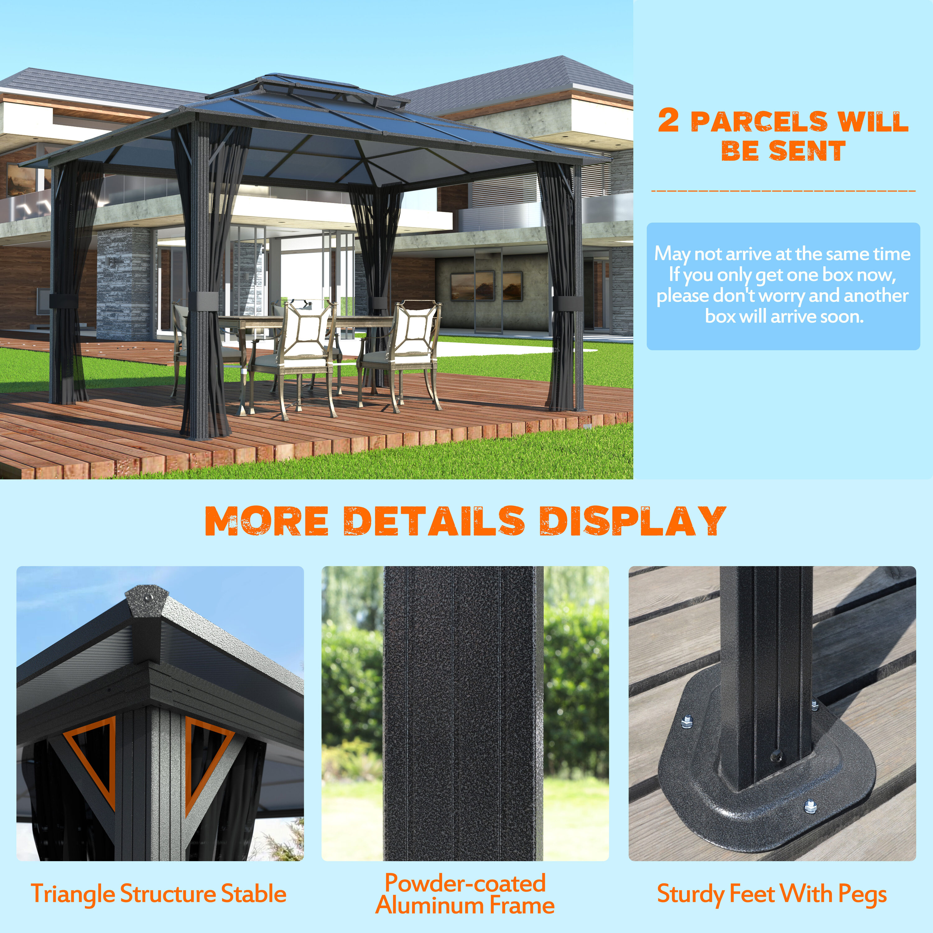 VEIKOUS 13-ft x 10-ft Rectangle Gray Metal Polycarbonate Roof Gazebo with Screen Included