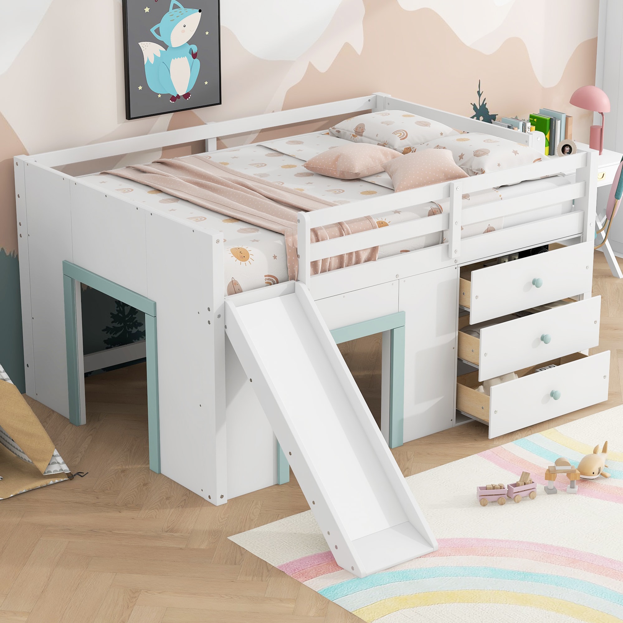 ModernLuxe L3P-N7090005003K Full Size Low Loft Bed with SlideThree Storage Drawers and Two DoorsWhite