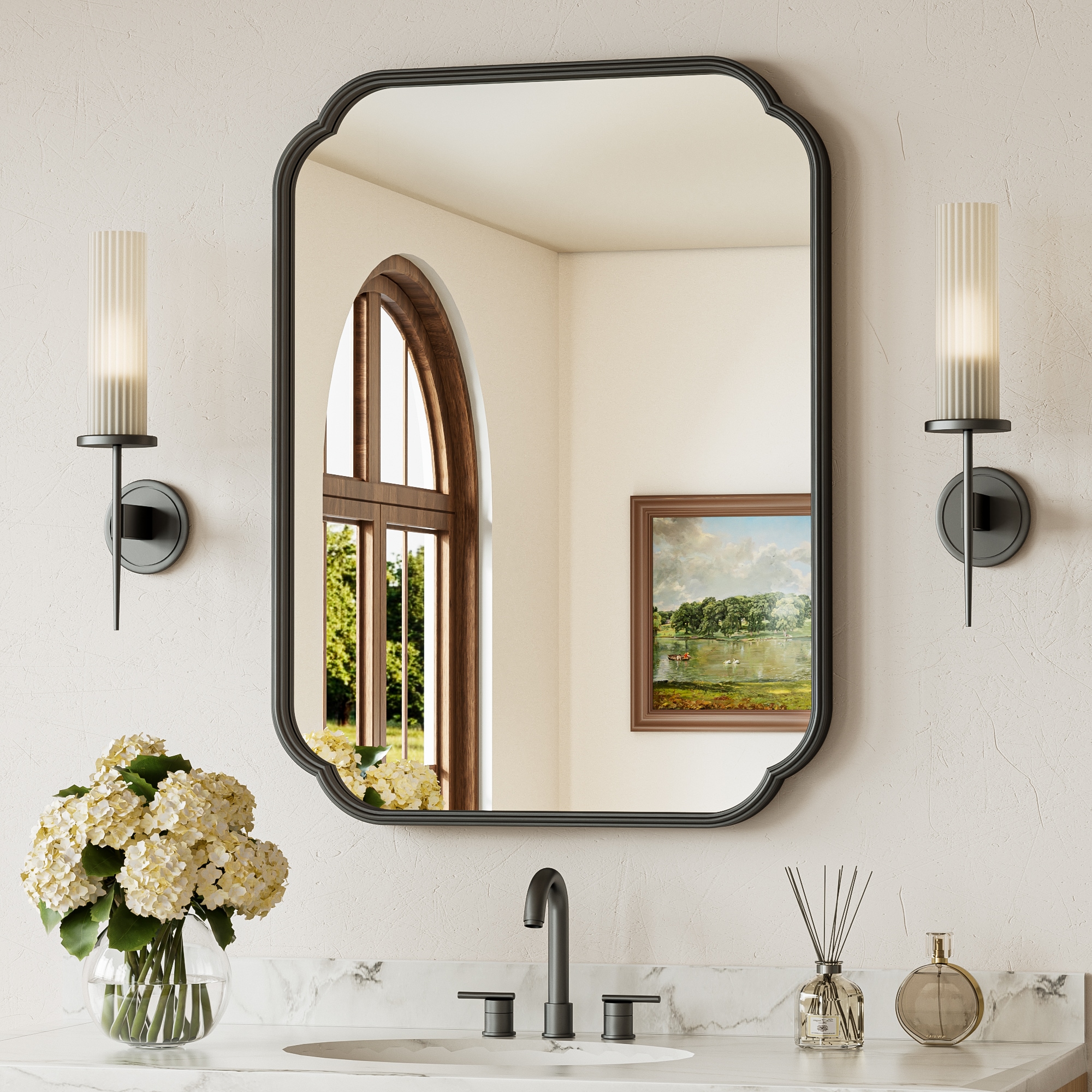 TETOTE Bathroom Mirror 24x32 Inch Gold Rectangle Scalloped Vanity Mirror For Bathroom Bedroom Enterway Framed Wall Mirror #LSC-TE-2432GD-B95