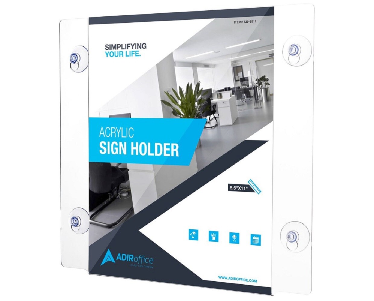 AdirOffice ADI639-8511-WSH-2 8.5-ft-ftx 11-ft-ft Clear Suction Acrylic Window Sign Holder 2 Pack