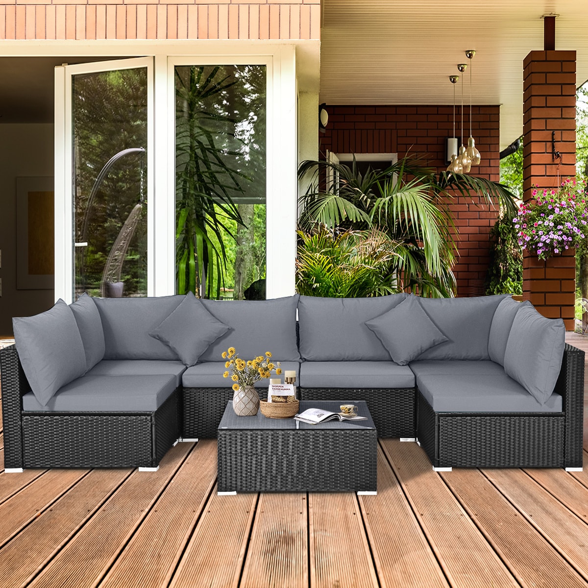 Forclover CKT-S00020 CH Wicker Rattan Outdoor Sectional Sofa 7 -Piece Rattan Patio Conversation Set with Gray Cushions