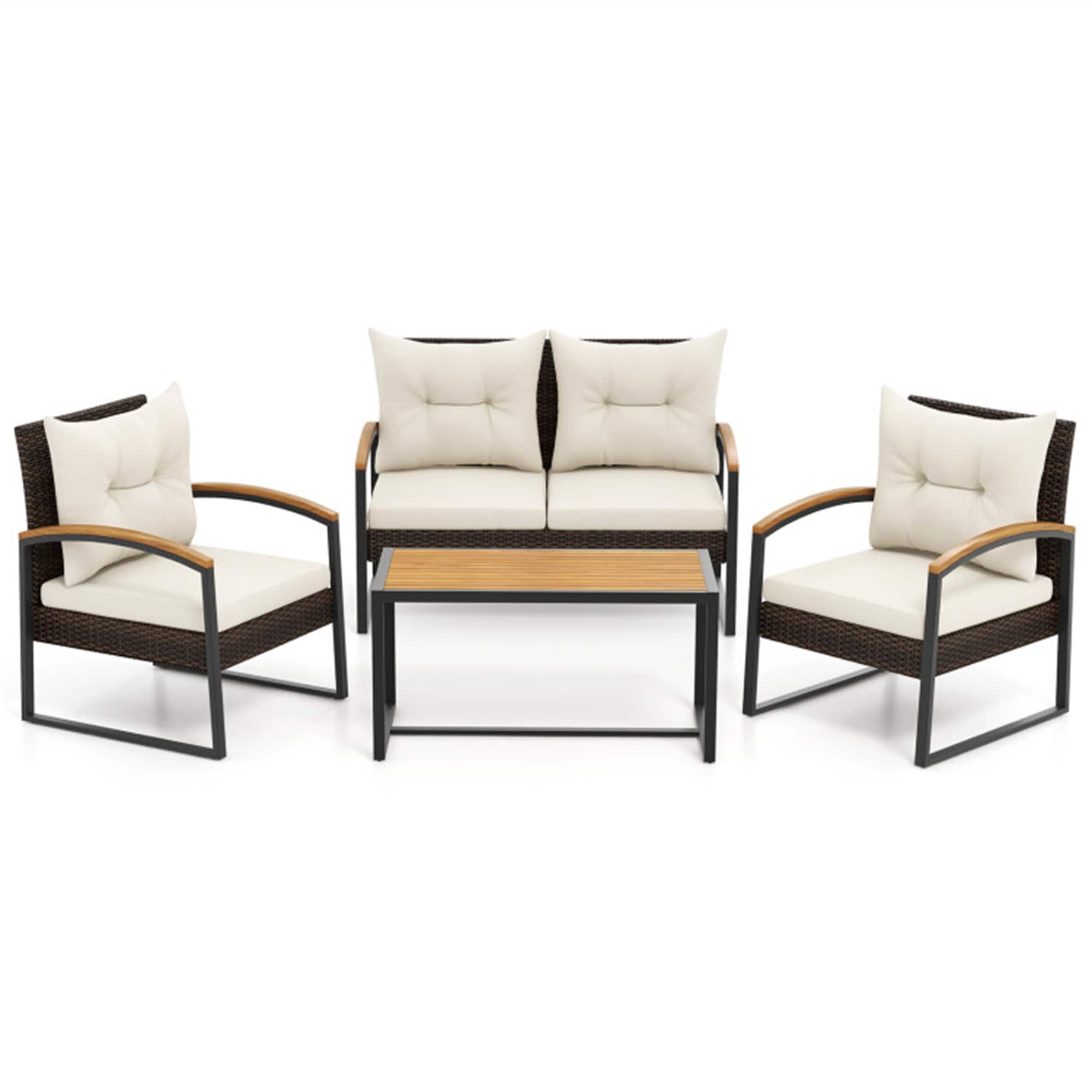 BABOOM BOM-2306WH+-CO Patio Conversation Set 4 -Piece Rattan Patio Conversation Set with Off-white Cushions
