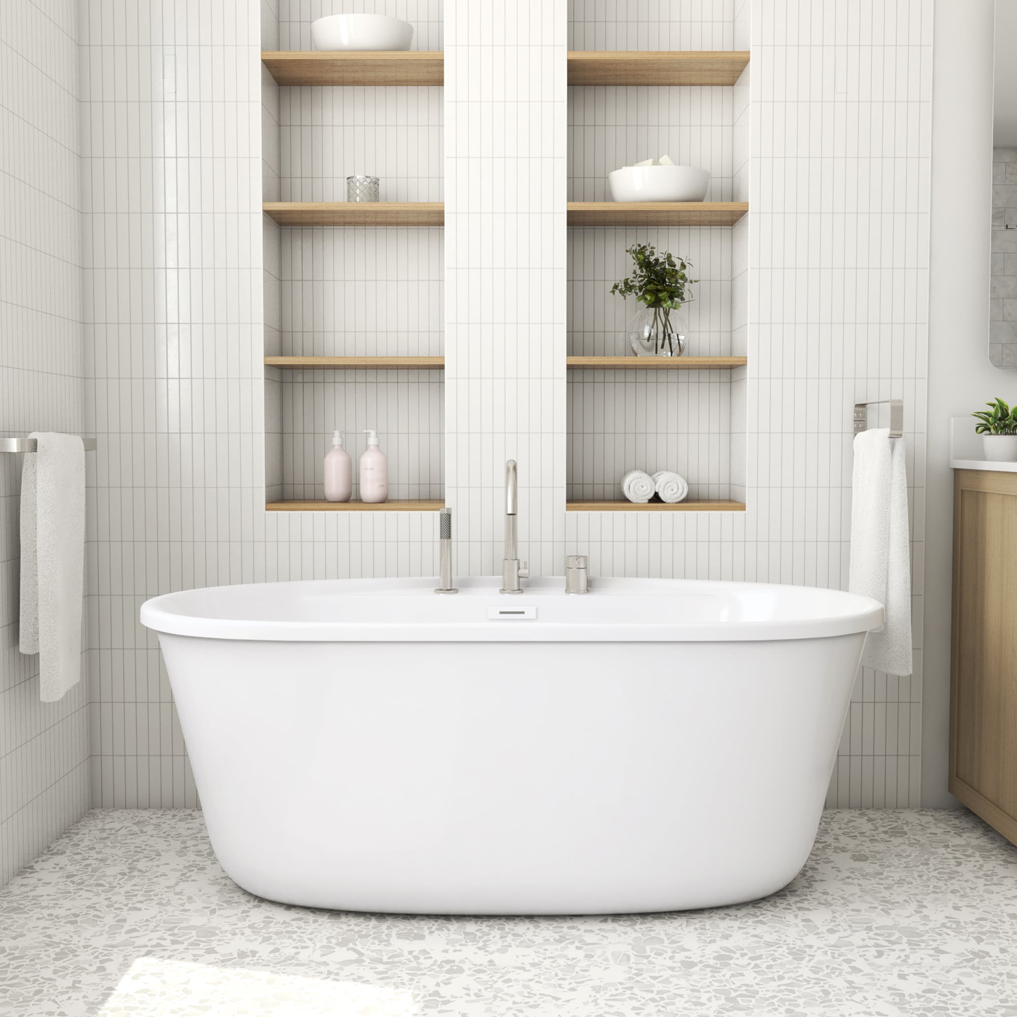 MAAX 106839-000-002-103 Emica 32-in x 58-in Brushed Nickel Acrylic Round Freestanding Soaking bathtub with Faucet Hand Shower with Drain ( Center Drain )