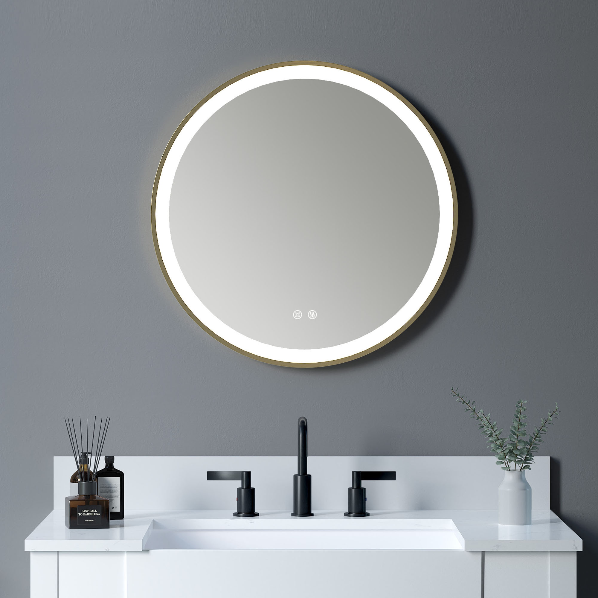 DELUXE LIVING M0005 23.6-Inches x 23.6-Inches Framed Round Dimmable Lighted Fog Free Bathroom Vanity Mirror ( gold )