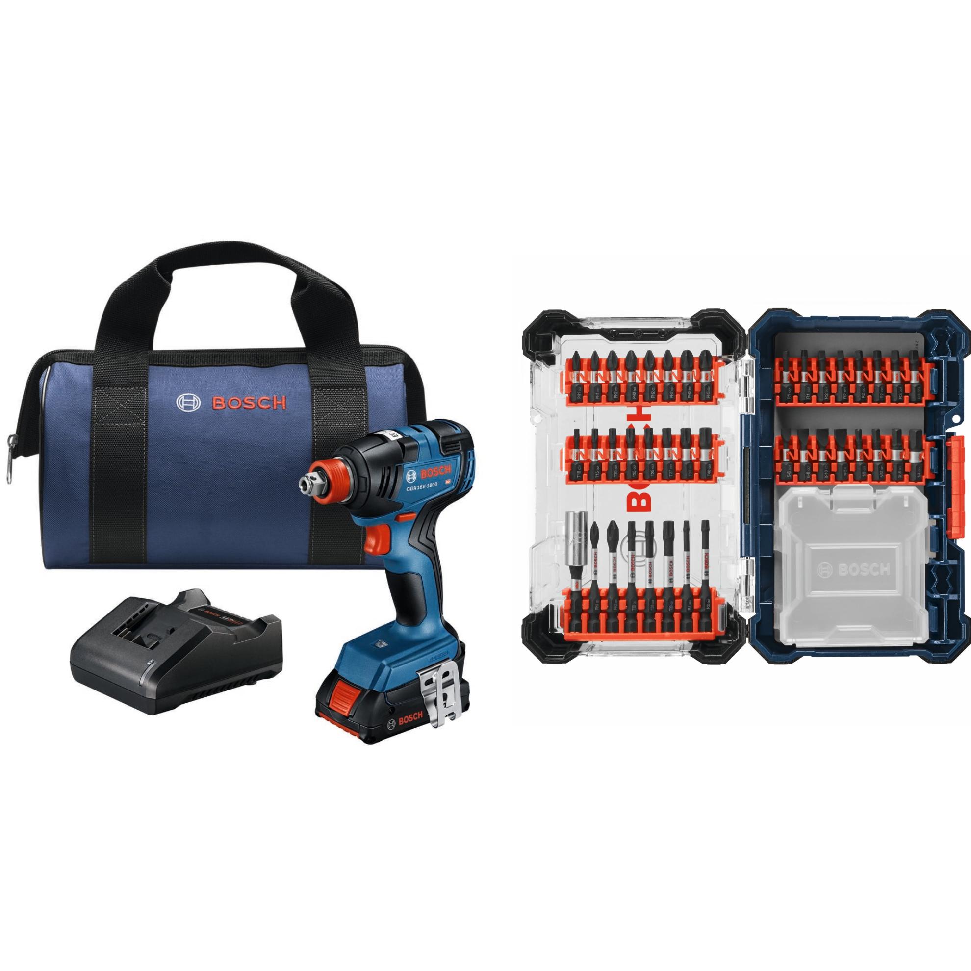 Bosch Two-In-One 18-volt 1/4-in 1/2-in Brushless Cordless Impact Driver (Battery Included and Charger Included and Soft Bag included) with 40-Piece Driven Screwdriver Bit Set