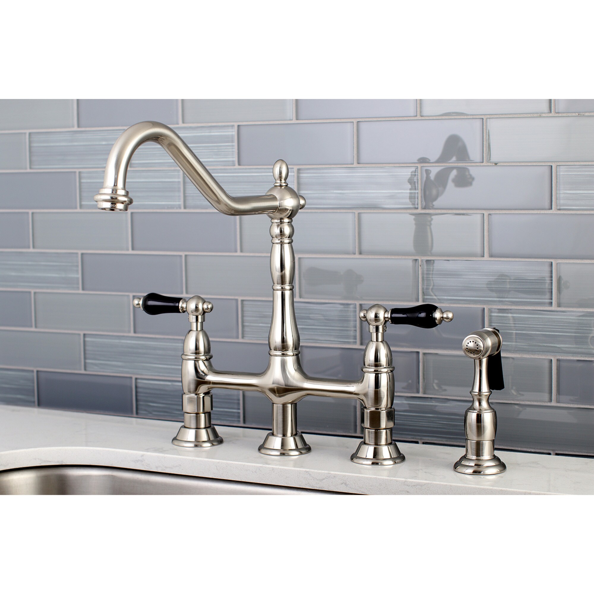 Kingston Brass WLKS1278PKLBS Duchess Brushed Nickel Double Handle Deck-mount Bridge Kitchen Faucet ( Side Sprayer Included )