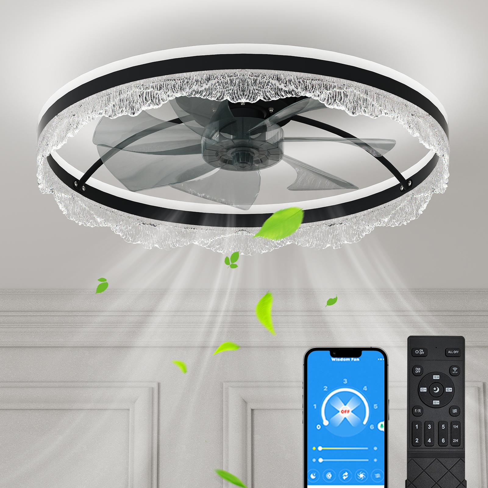 Bayfeve BFLCM-97176-CF Crystal Decorative LED Ceiling Fan 24-in Color-Changing Integrated LED Flush Mount Matte Black with Transparent Blades Fandelier Ceiling Fan With Light - Remote Included ( 7 -Blade )
