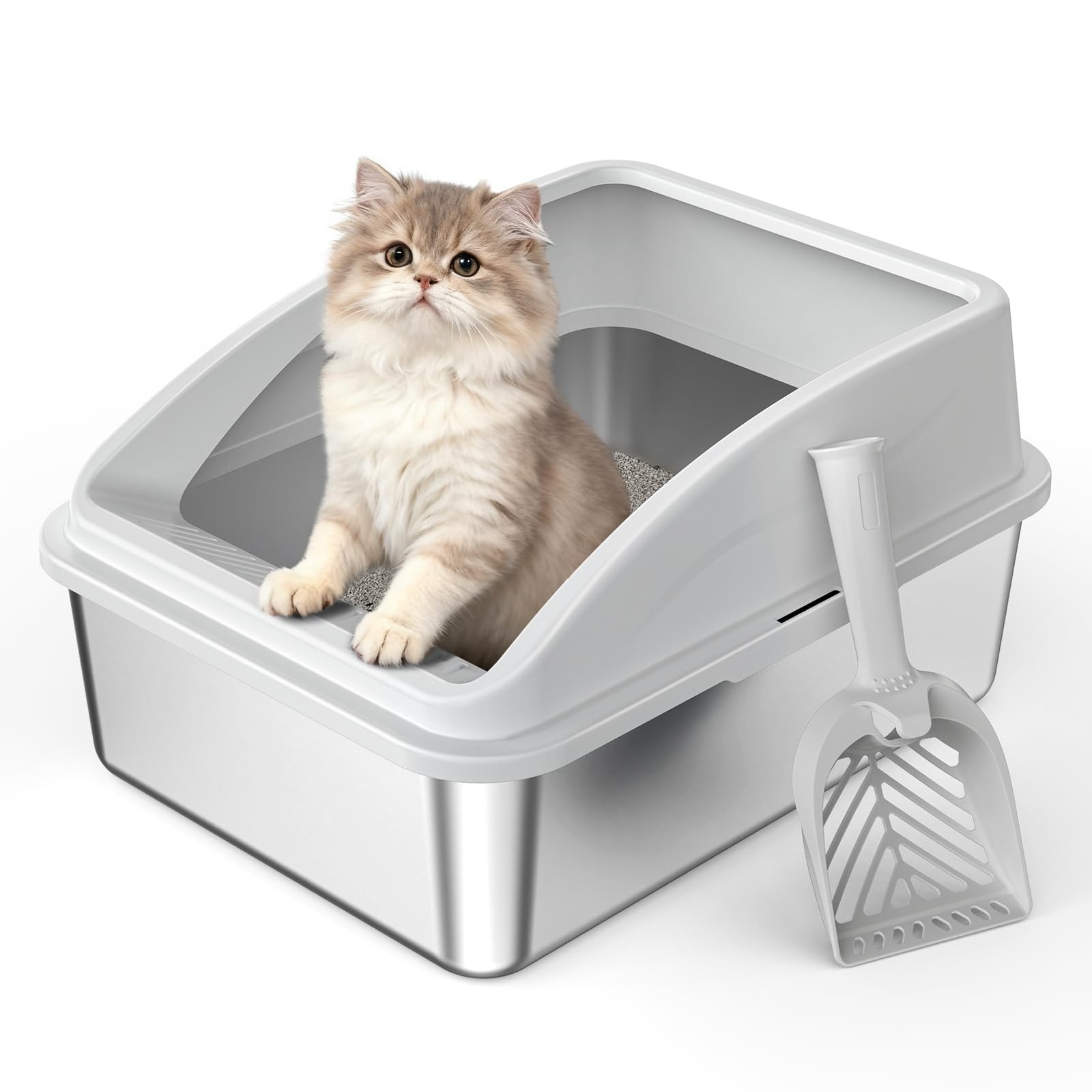Phyfalip -  Stainless Steel Cat Litter Box with Lid High Sided Low Entry for Small or Injured Cat...
